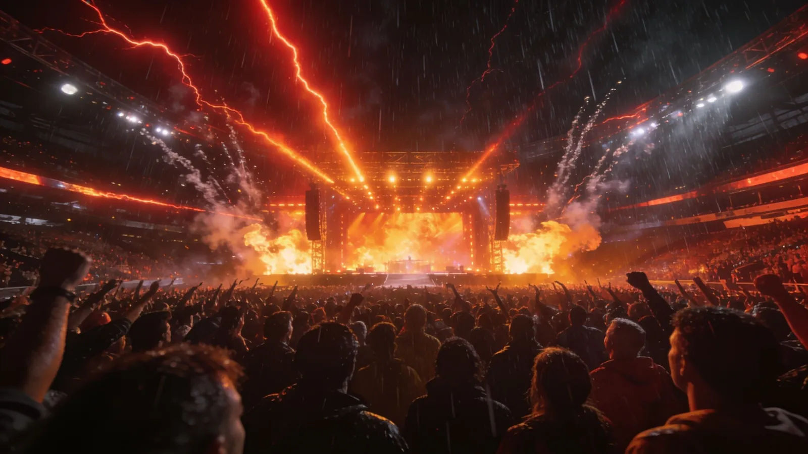 Packed arena with blazing lights and sparks