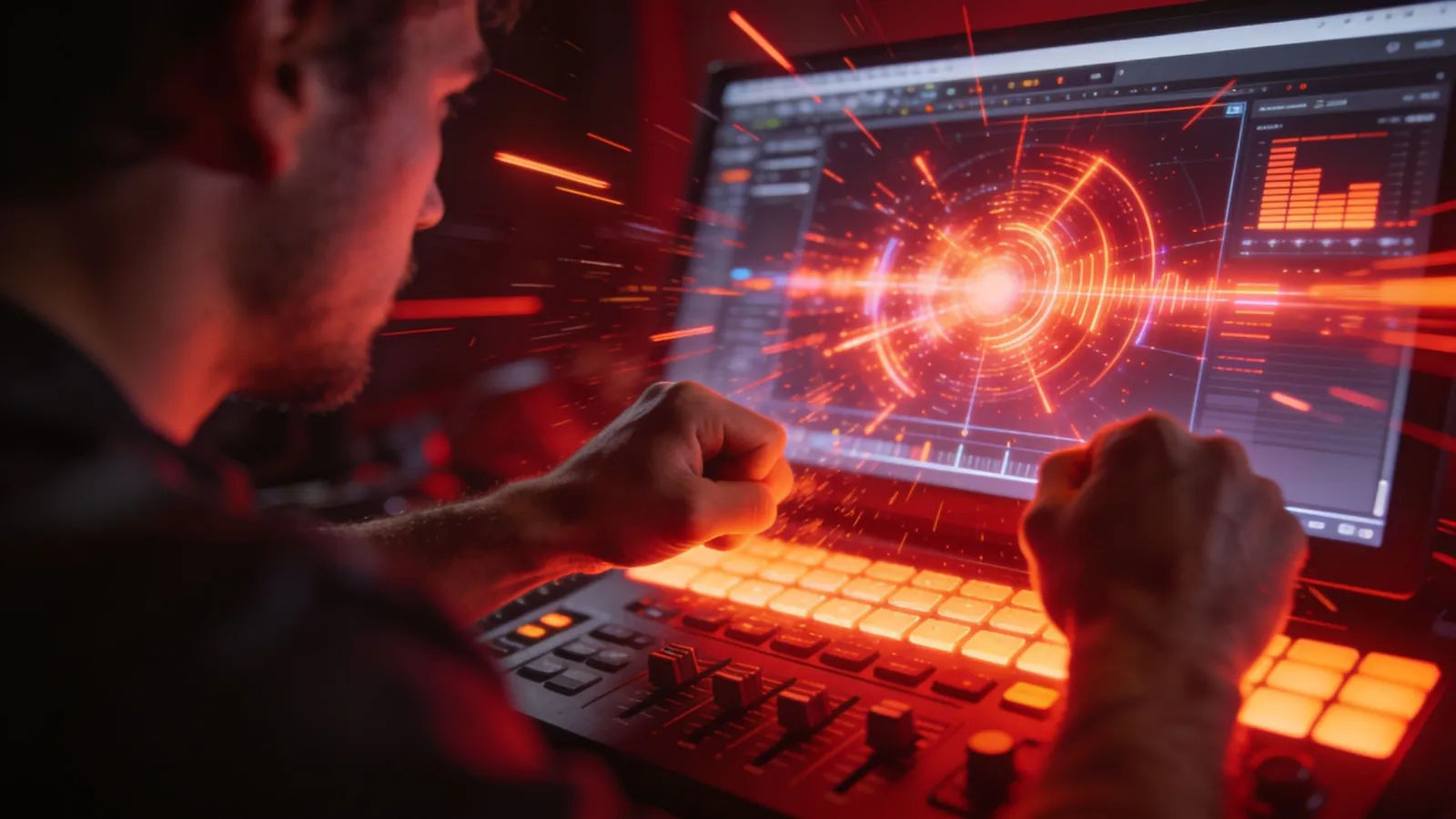 Creator hands slamming kinetic red audio console