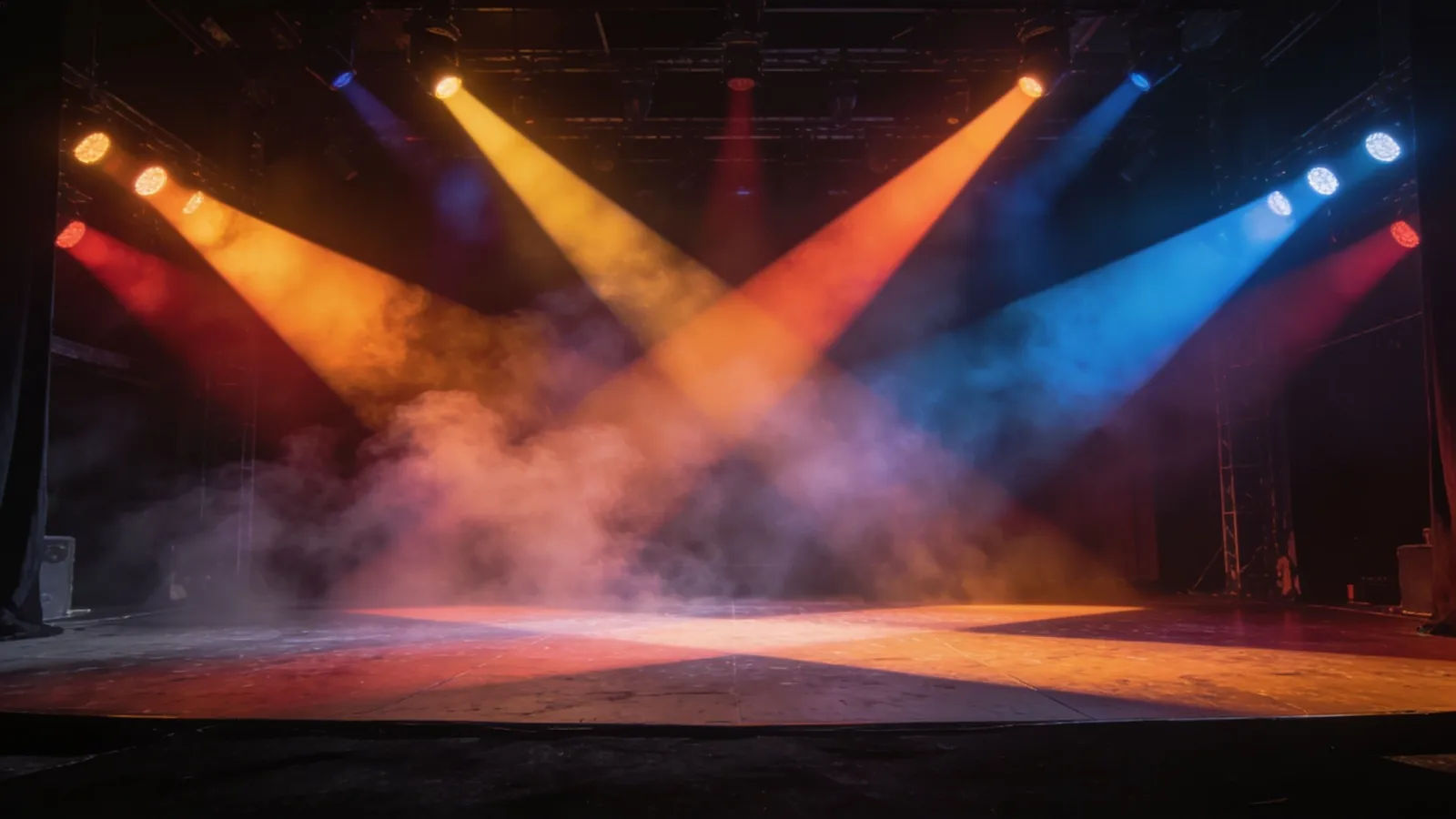 Dramatic empty stage with colorful light beams