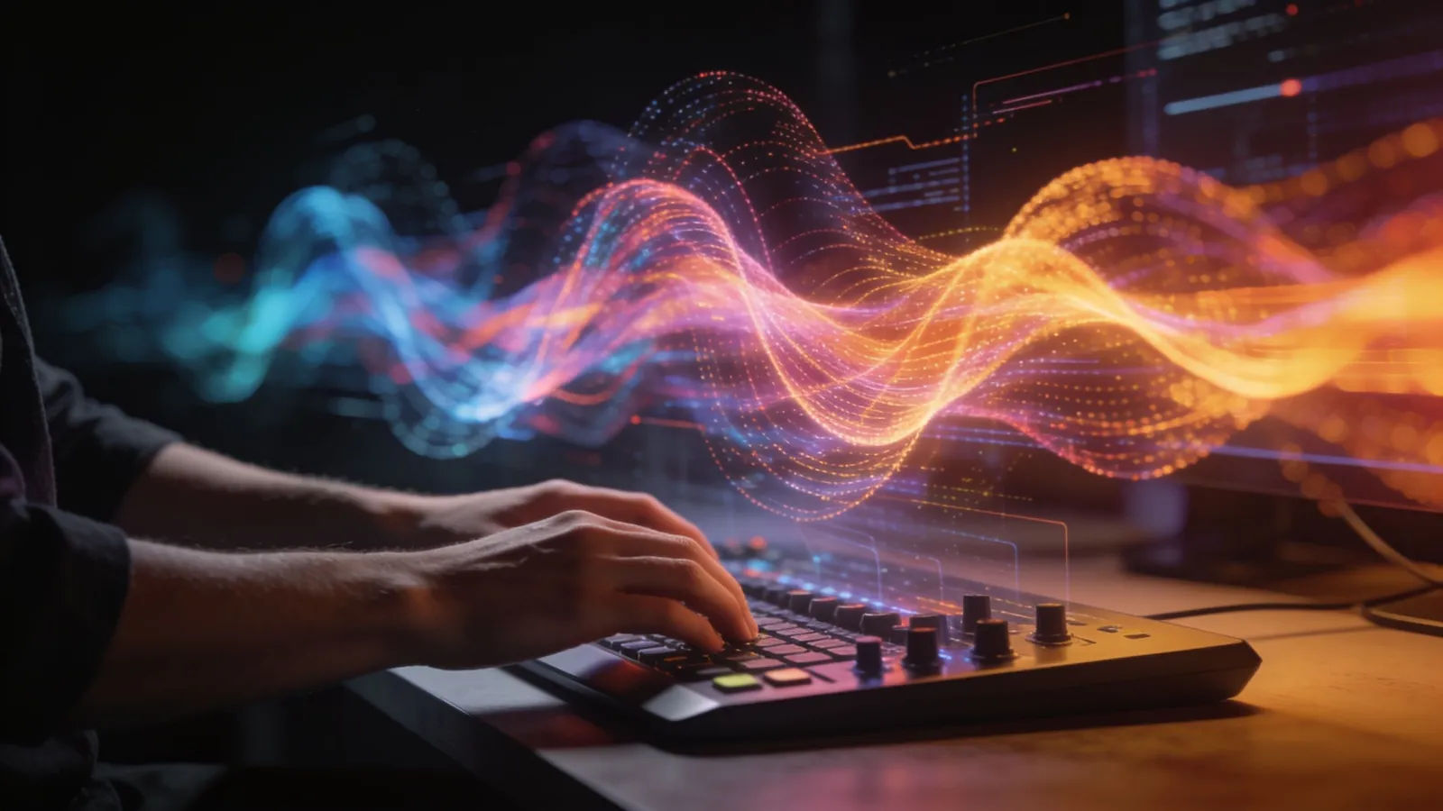 Hands at console with vivid multicolor interface