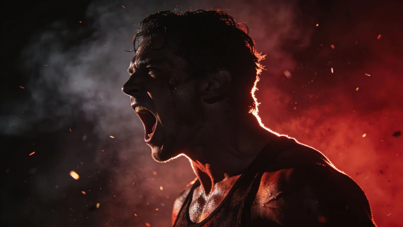 Intense figure shouting with rim light