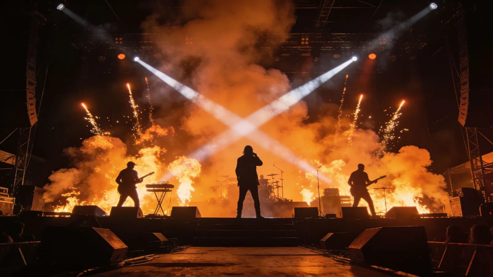 Explosive concert stage with fire smoke