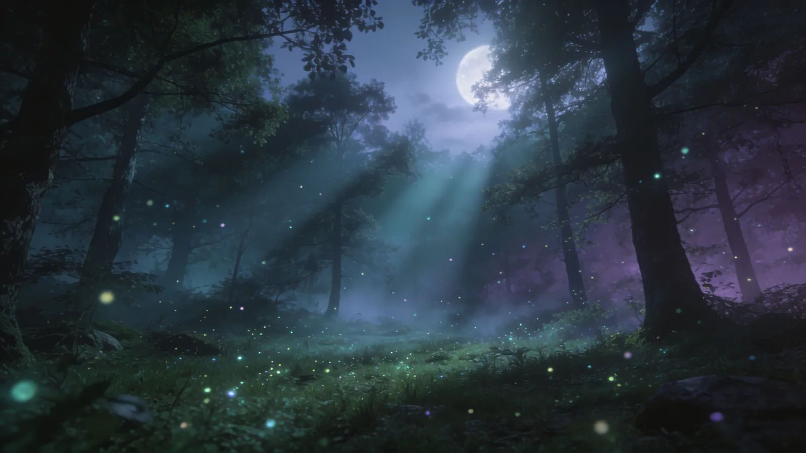 Enchanted woodland glade at dusk