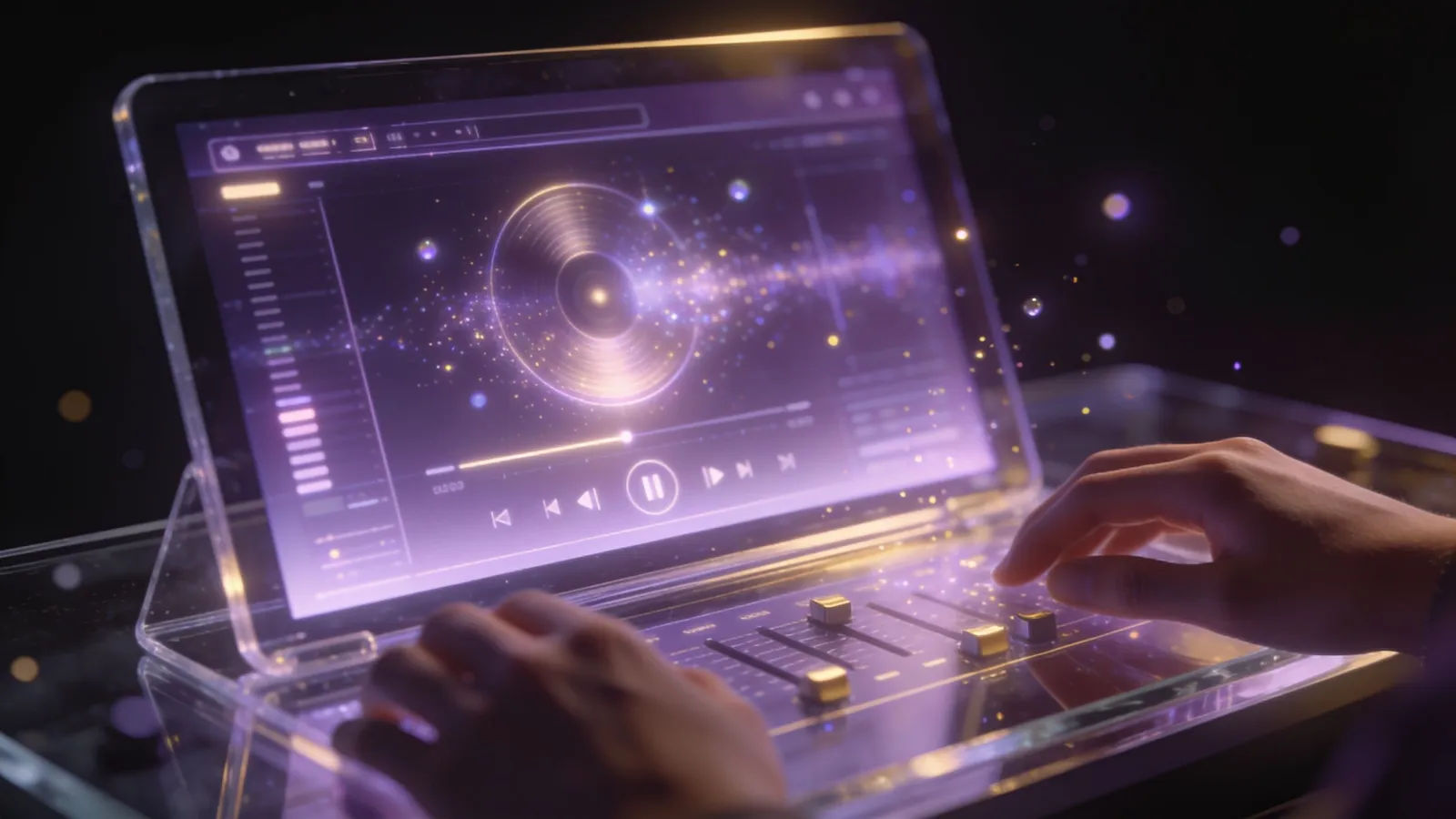 Hands at console with shimmering audio interface