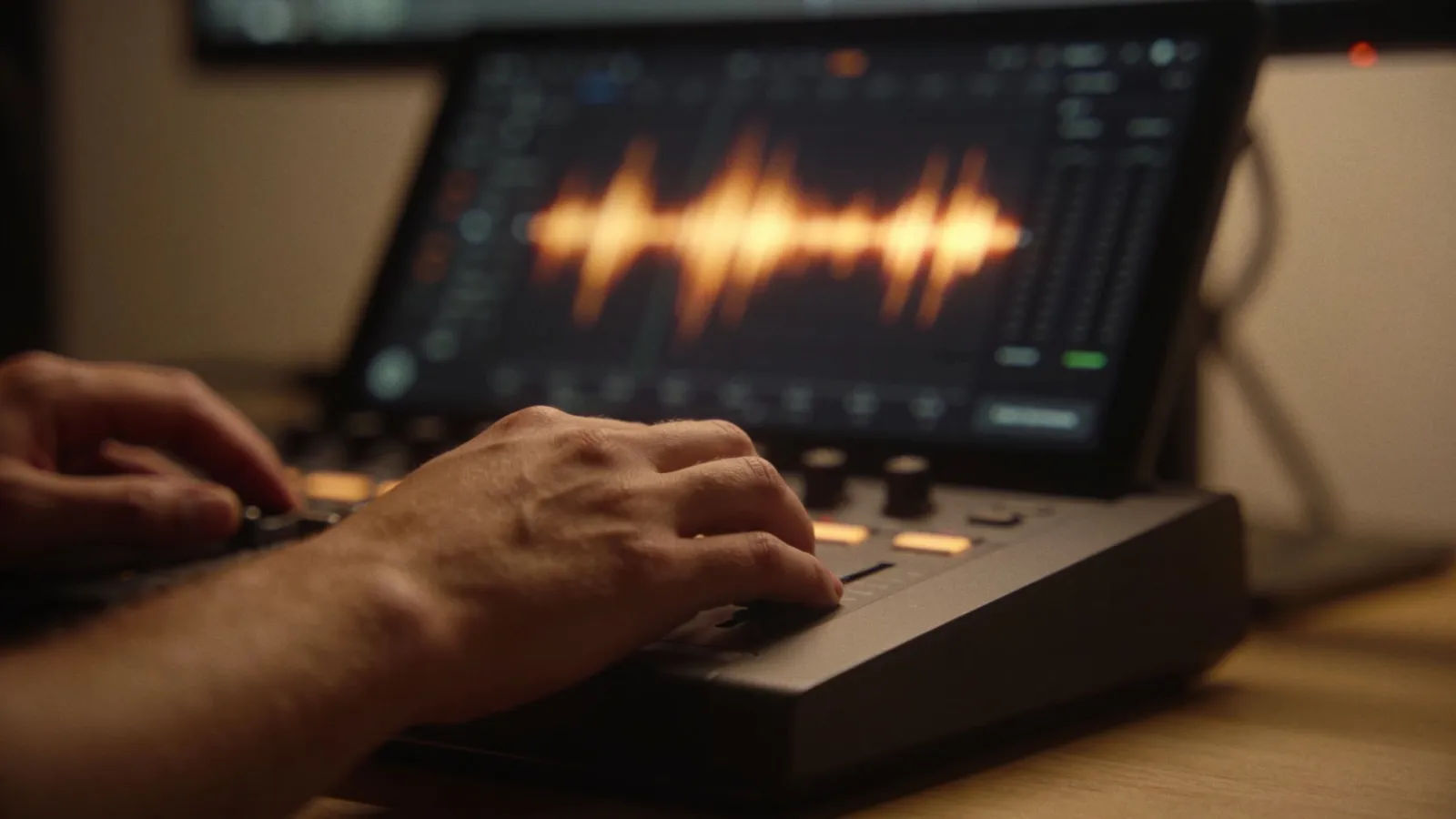 Hands over home studio console with warm glow