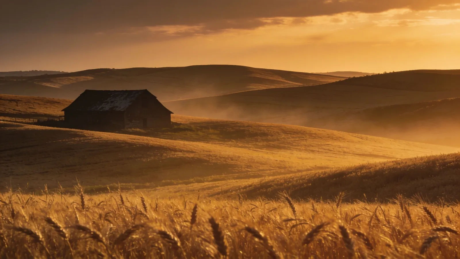 Golden rolling farm landscape at dusk