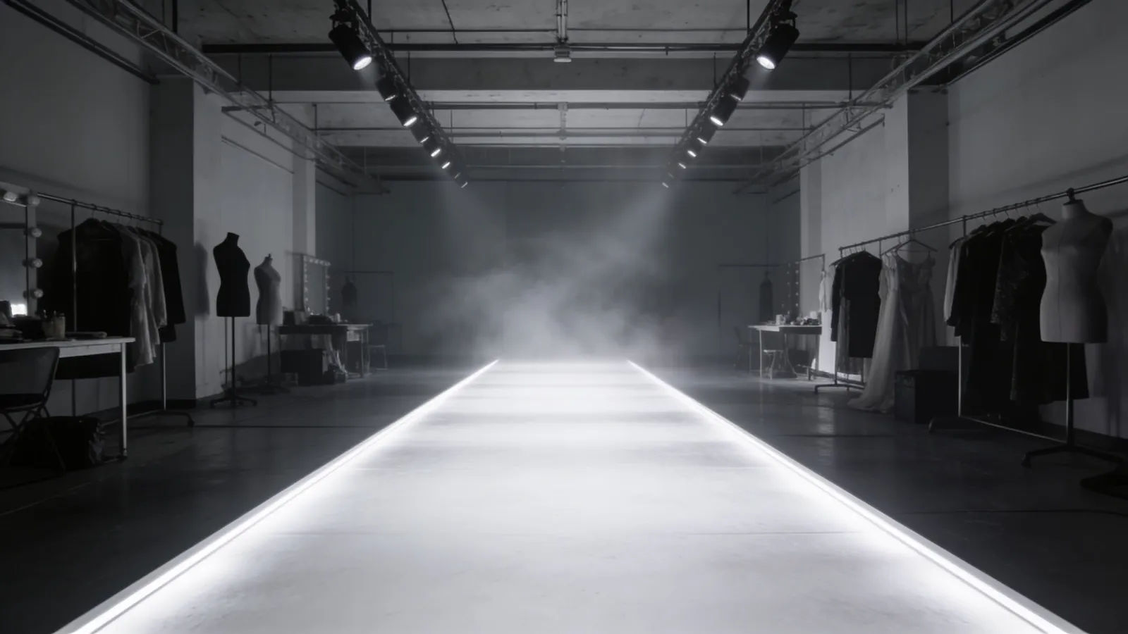Minimalist runway backstage, empty luminous catwalk in haze