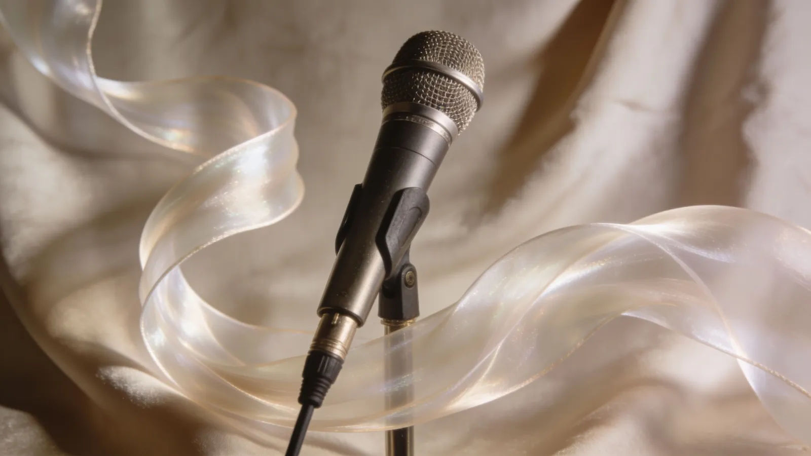 Refined microphone with silky pale waveform on draped fabric