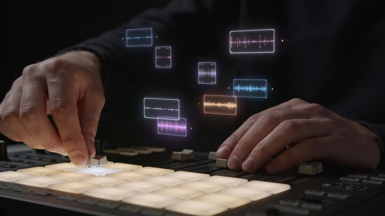Hands at lightboard arranging glowing audio swatches
