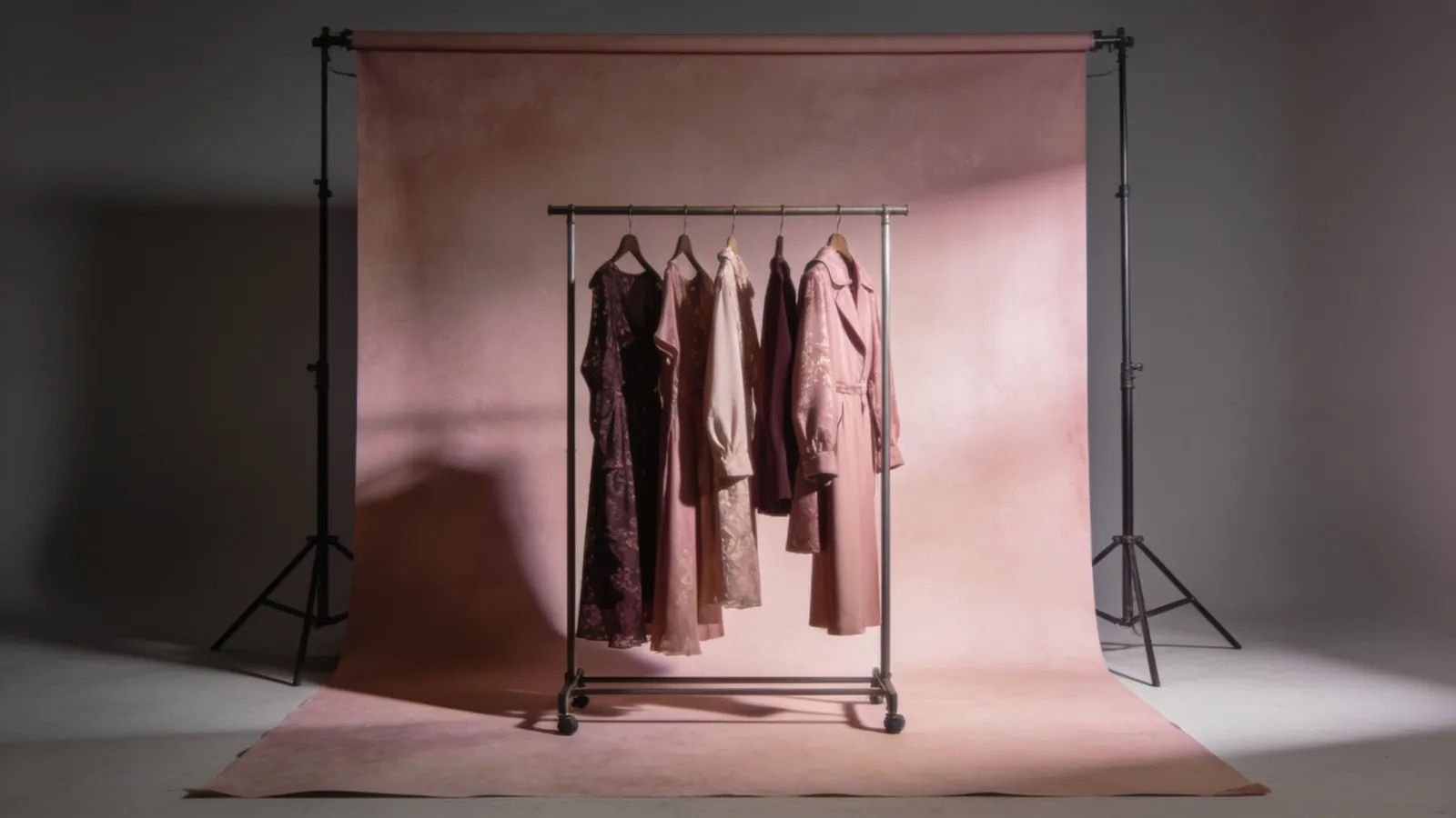 Polished fashion lookbook studio with garment rail