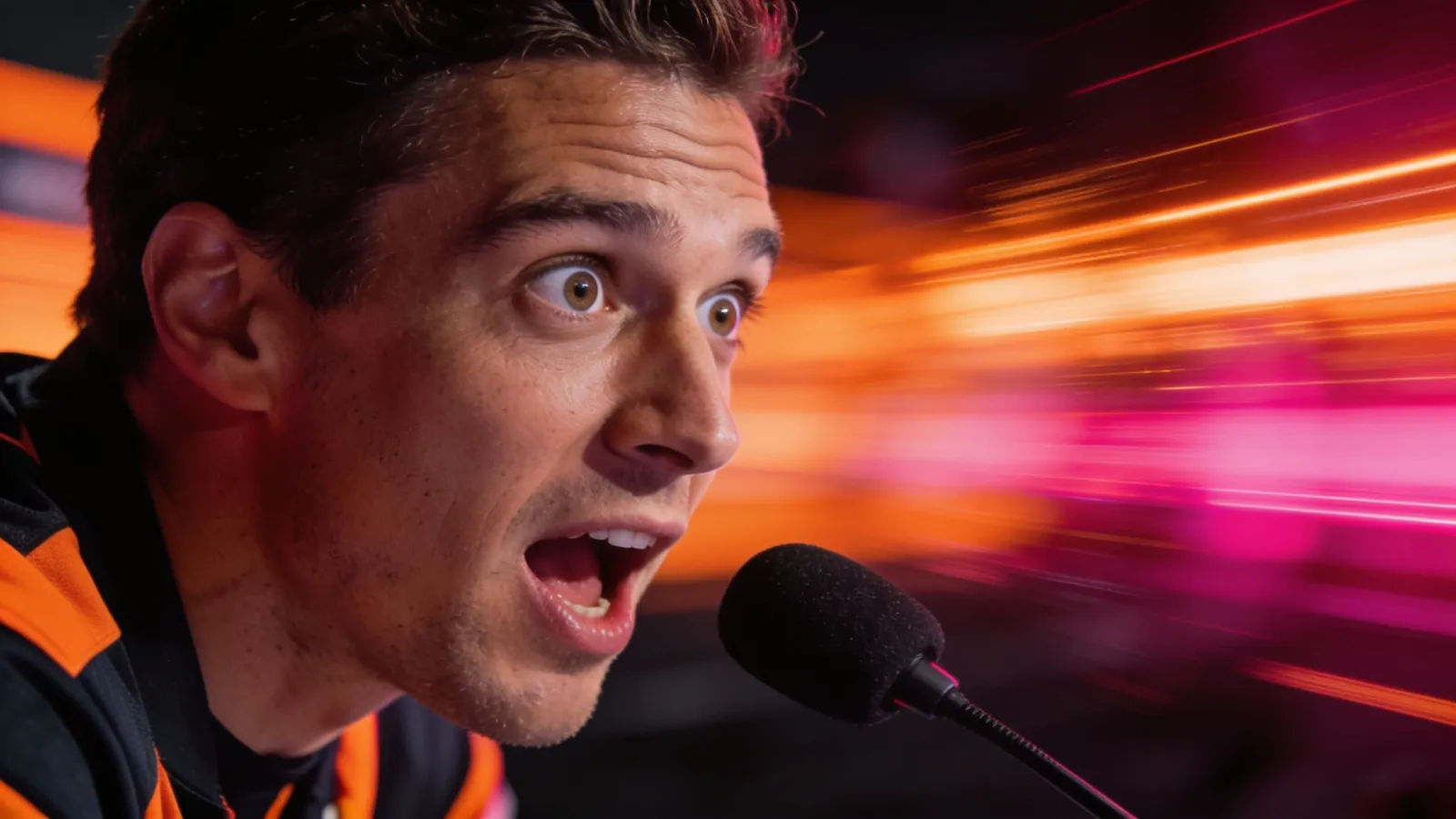 Energetic sports host leaning into a microphone