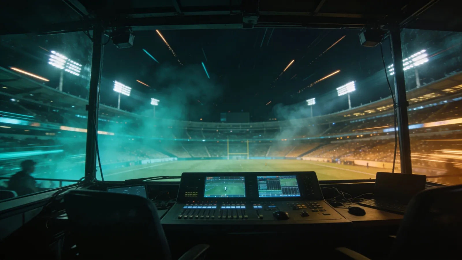 Broadcast booth over a floodlit stadium at night
