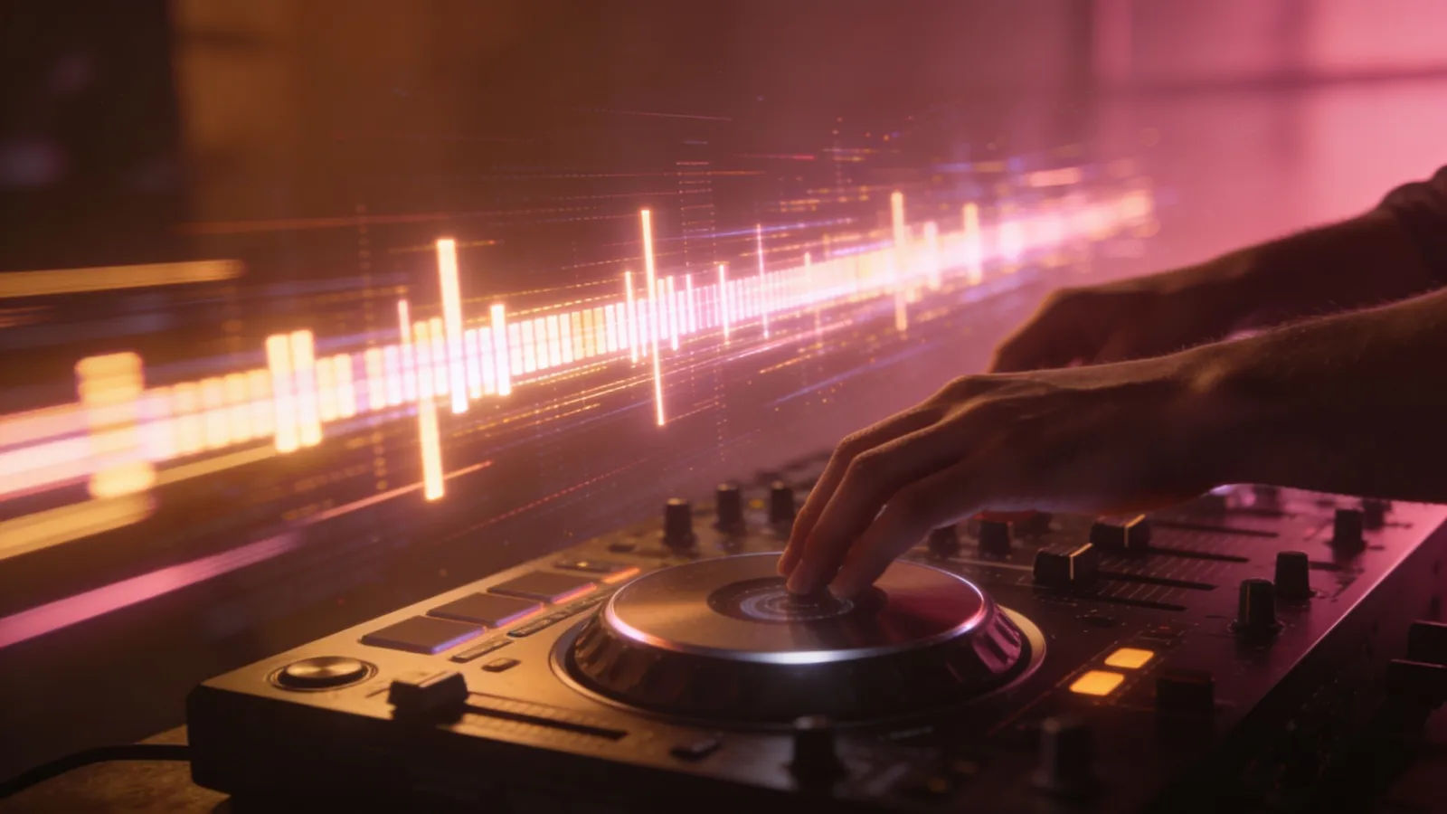 Hands on a console with fast streaking audio timeline