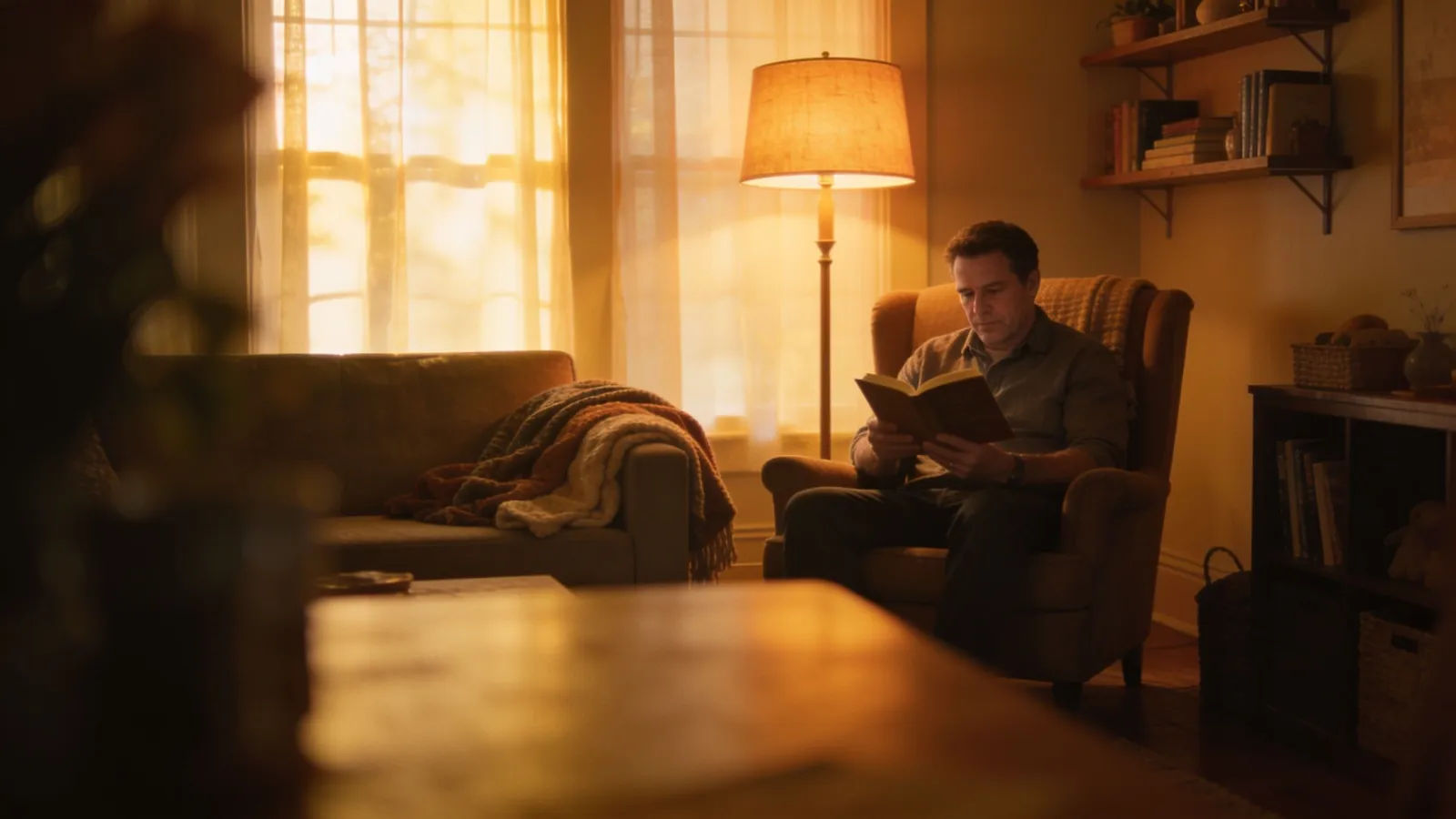 Father reading in armchair in cozy living room