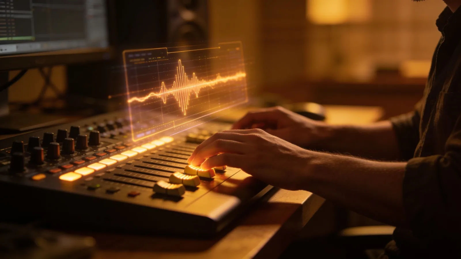 Hands at console with glowing audio interface