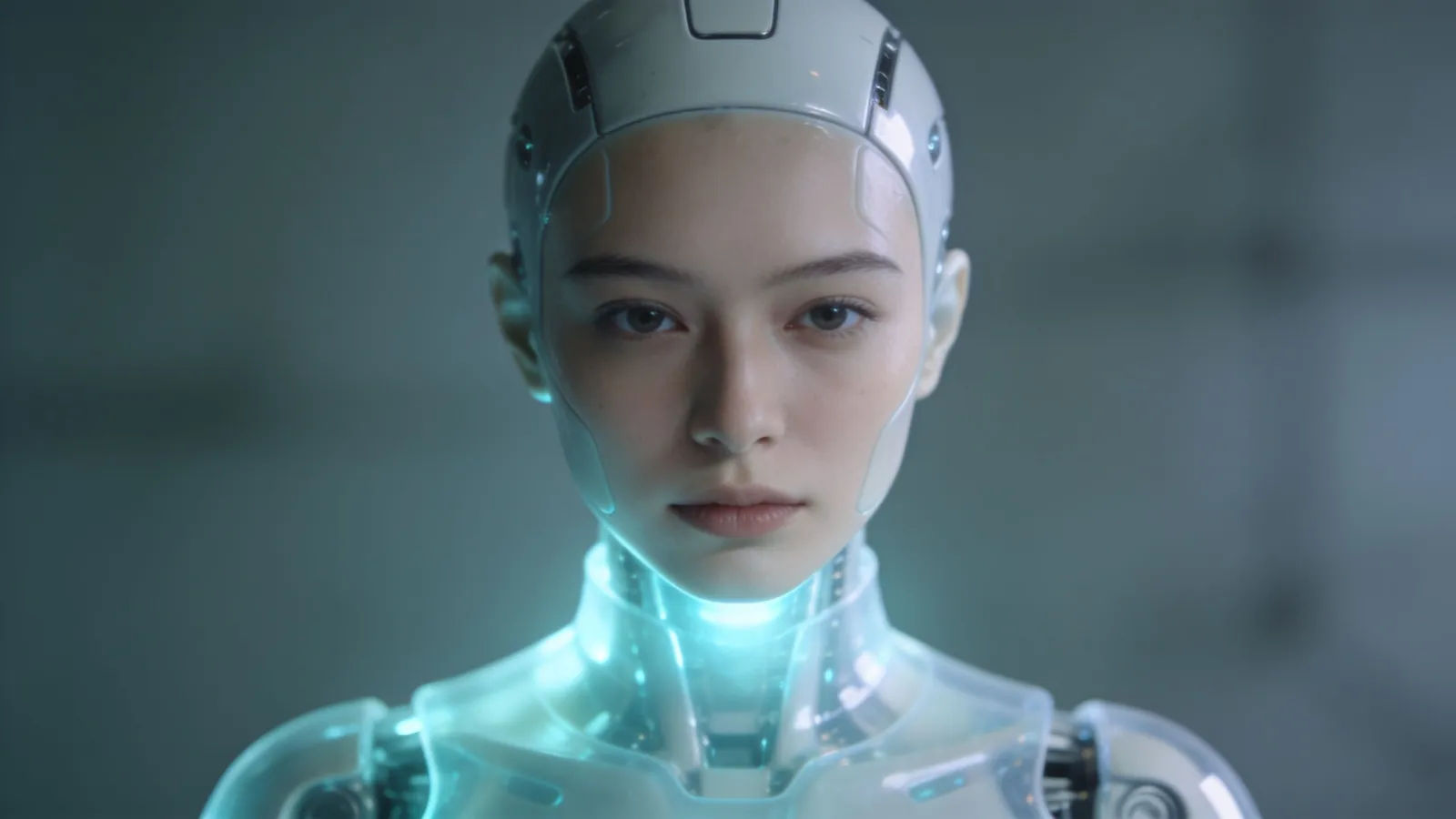 Generic synthetic android woman with glowing cyan panels, portrait