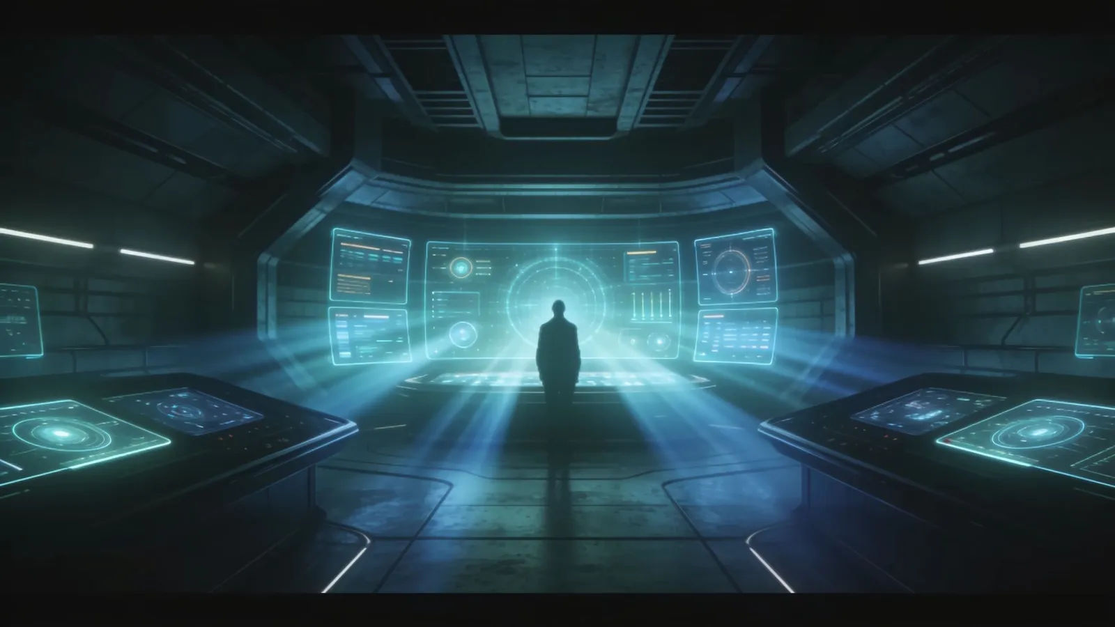 Futuristic interface room with holographic panels and light beams