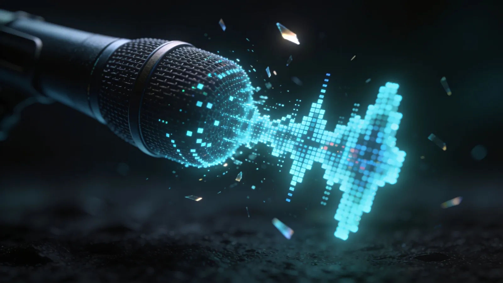 Cyan waveform glitching over a synthetic microphone, macro