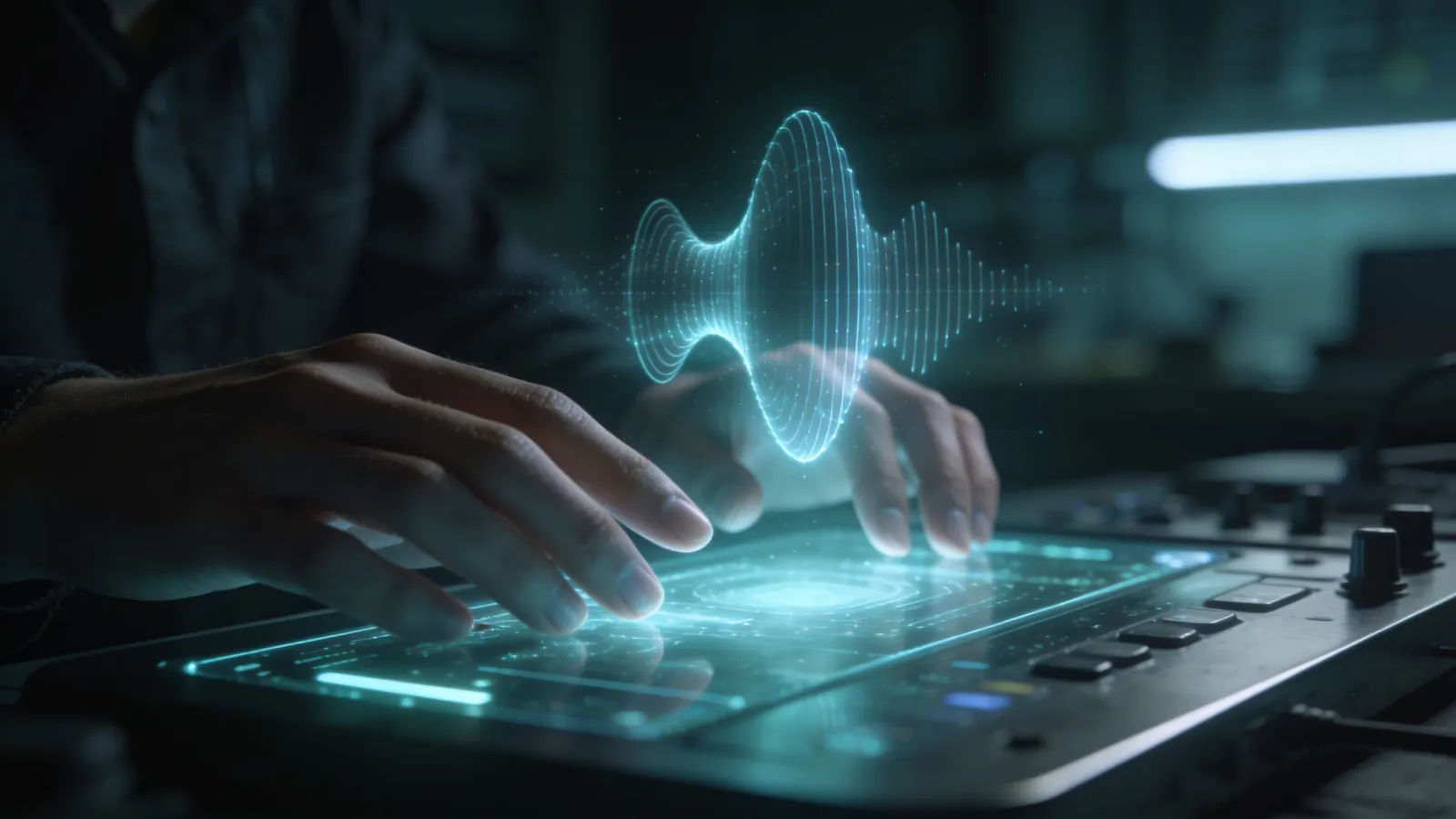 Hands at futuristic console with floating holographic soundform