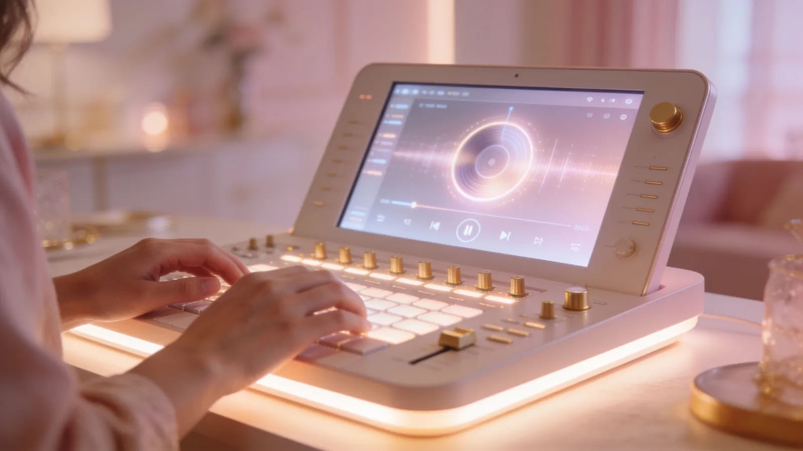 Creator hands at airy rose-cream audio console