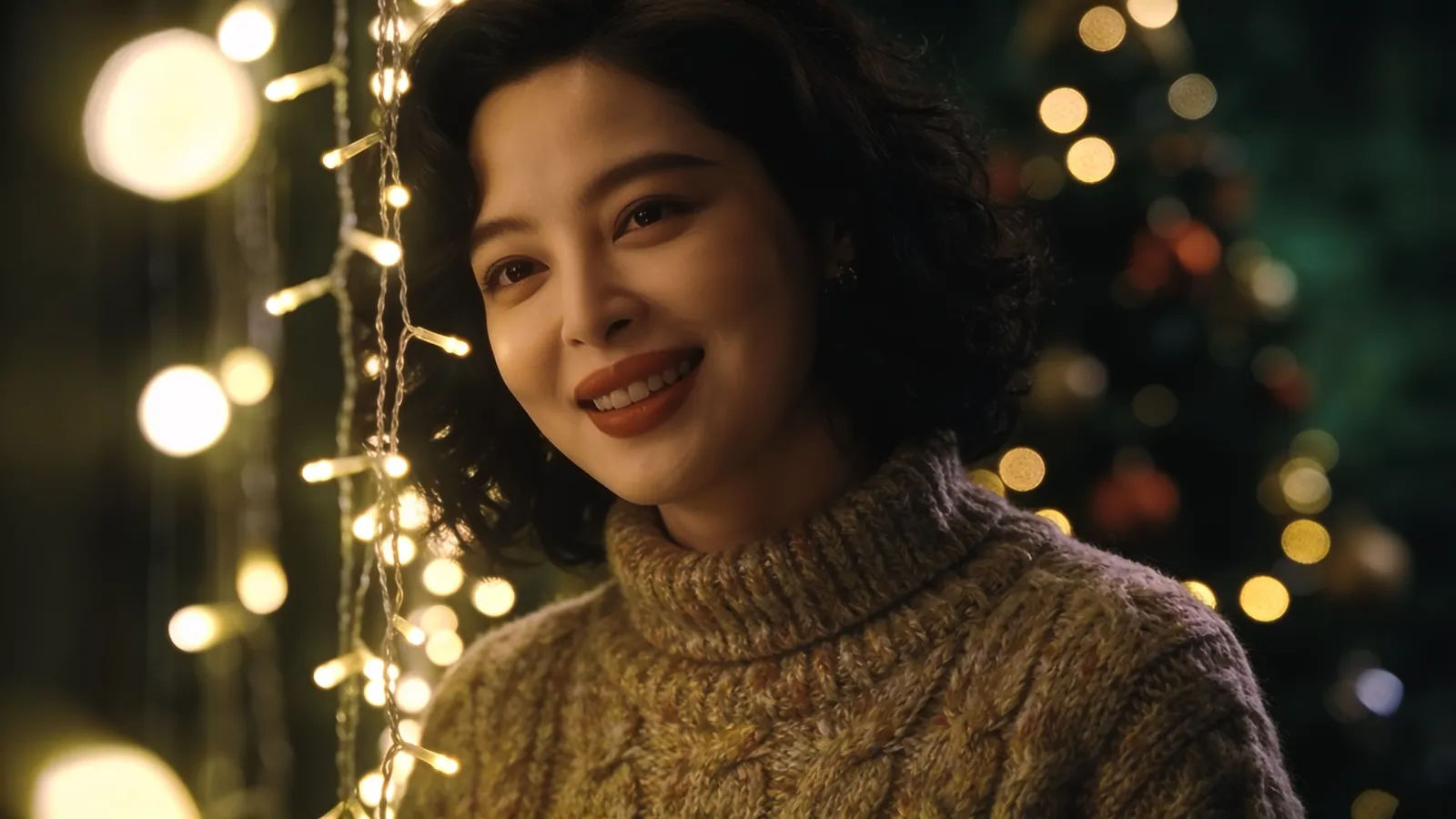 Cheerful person in a cozy sweater by glowing string lights