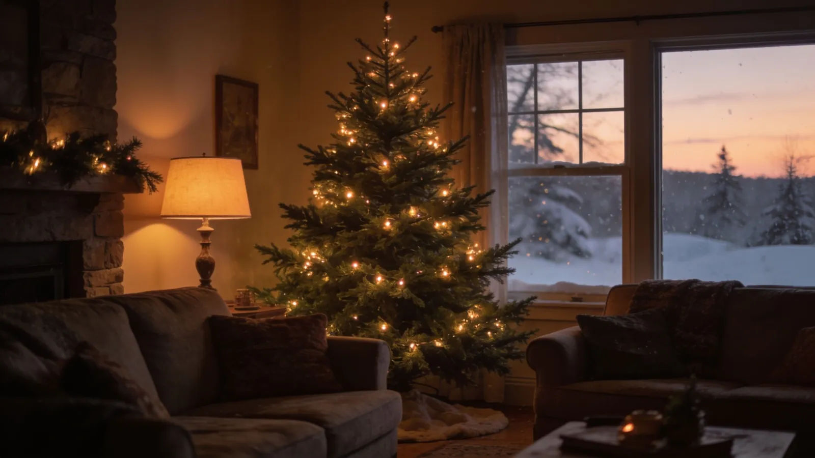 Cozy seasonal living room at dusk with lit evergreen tree