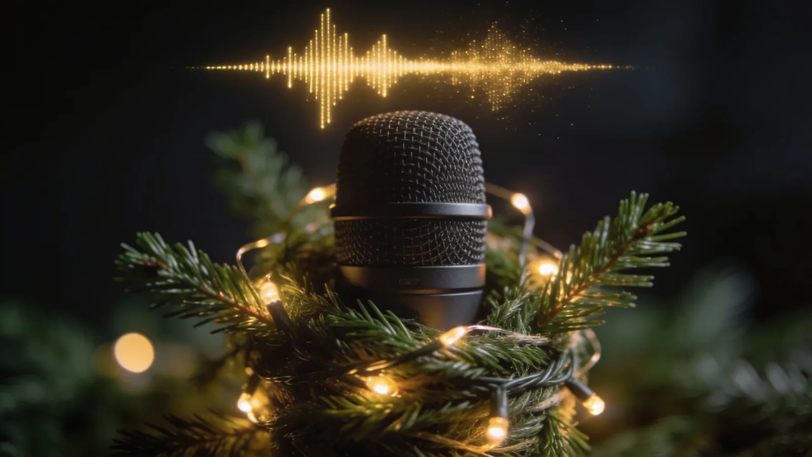 Microphone wrapped in evergreen with glowing golden waveform