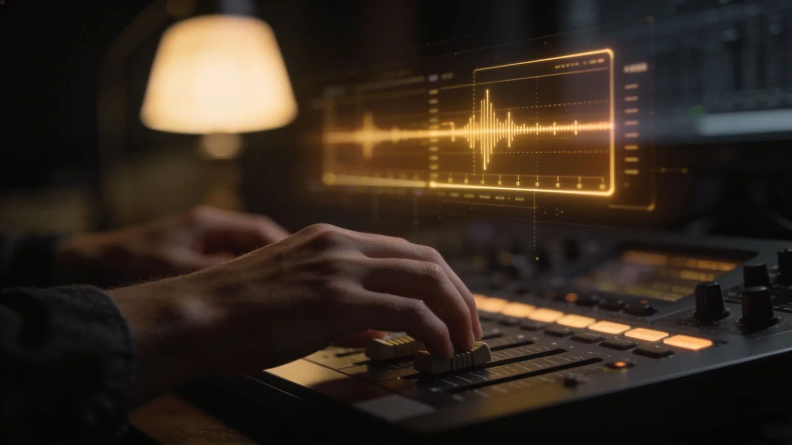 Hands at a console with glowing warm-gold audio UI