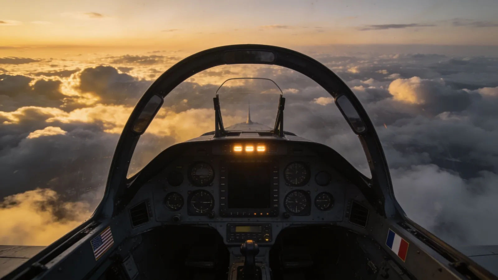 Generic jet cockpit interior above the clouds
