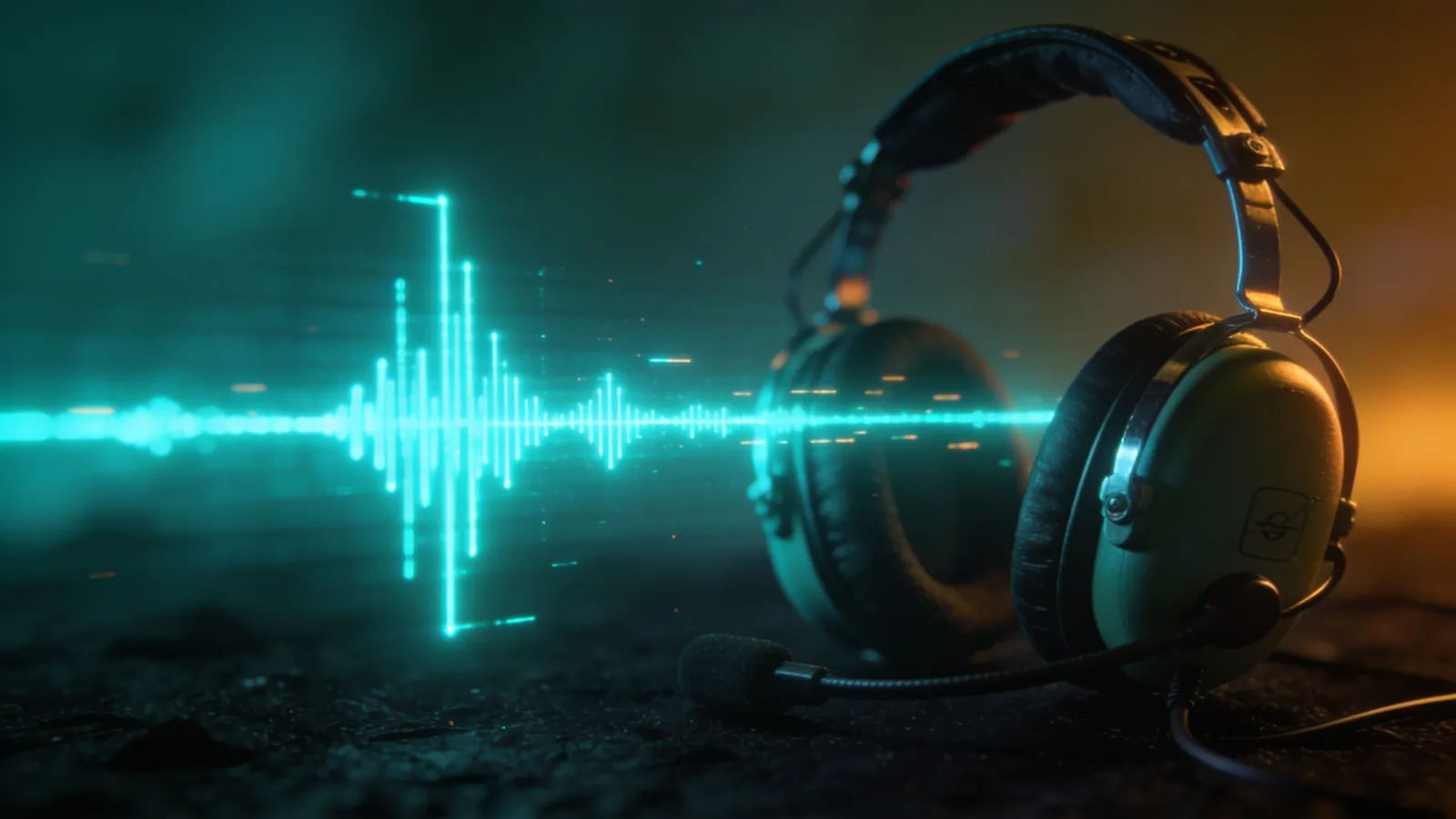 Glowing radio waveform and plain aviation headset