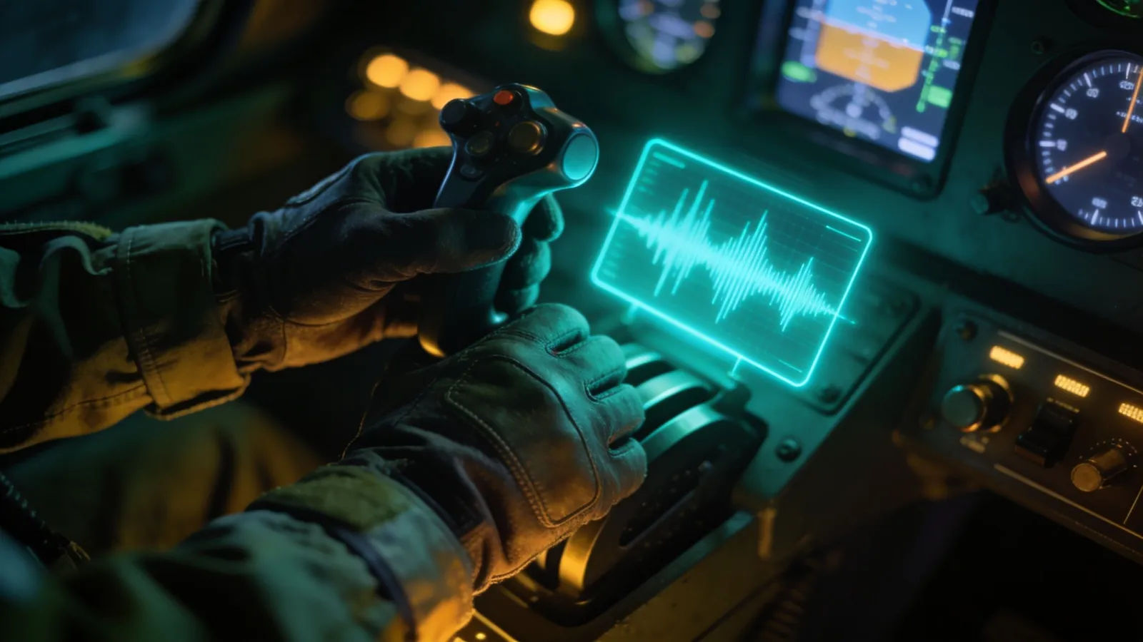 Pilot hands on a throttle with audio interface