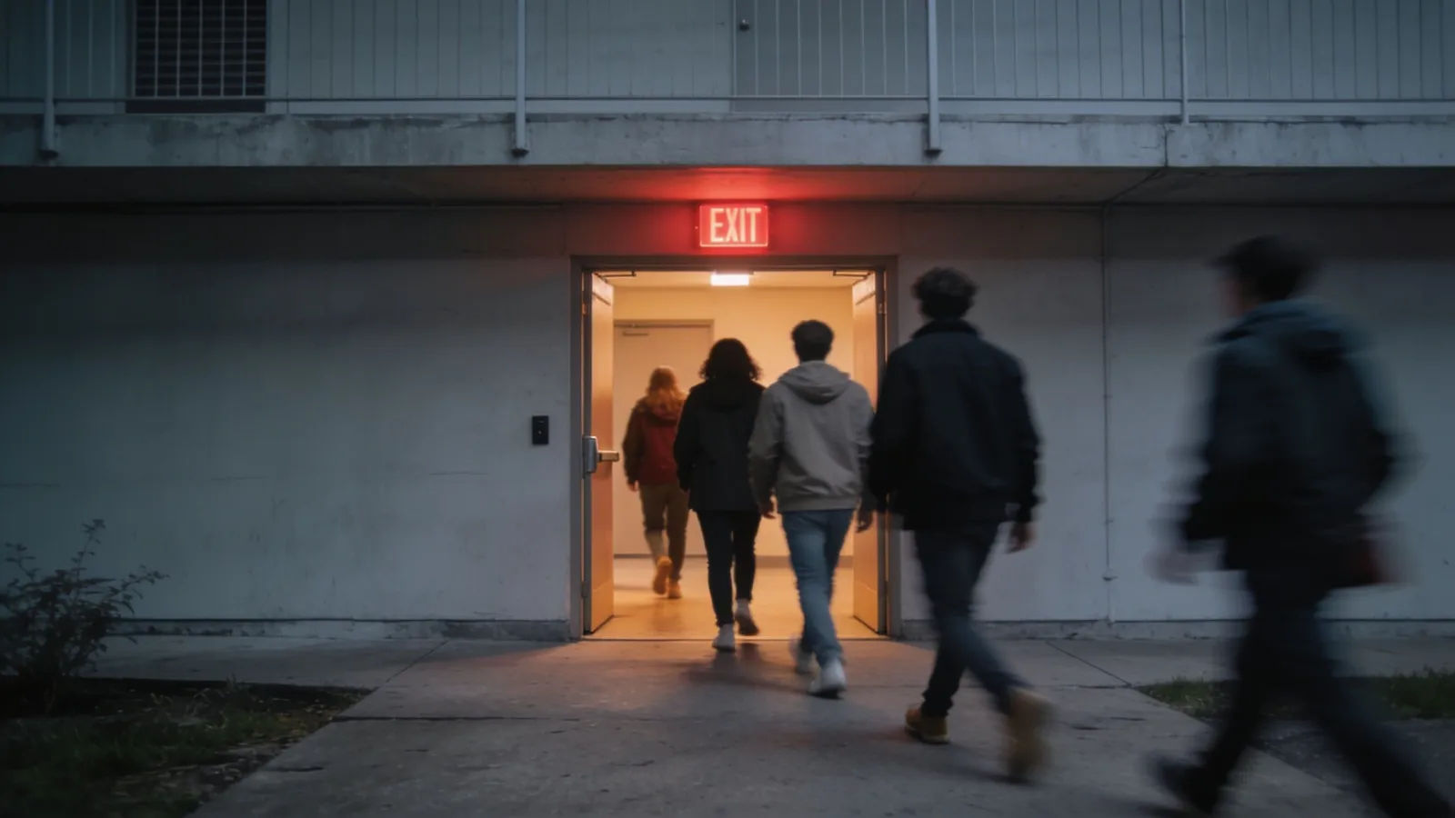 People calmly evacuating toward building exit