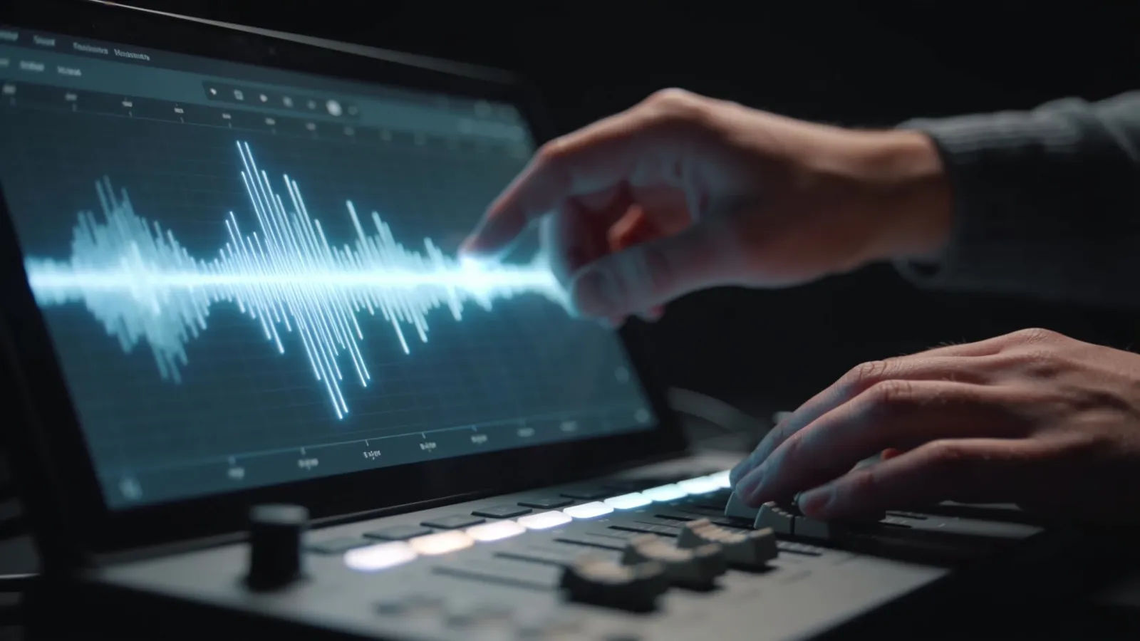 Hands at console with glowing audio interface