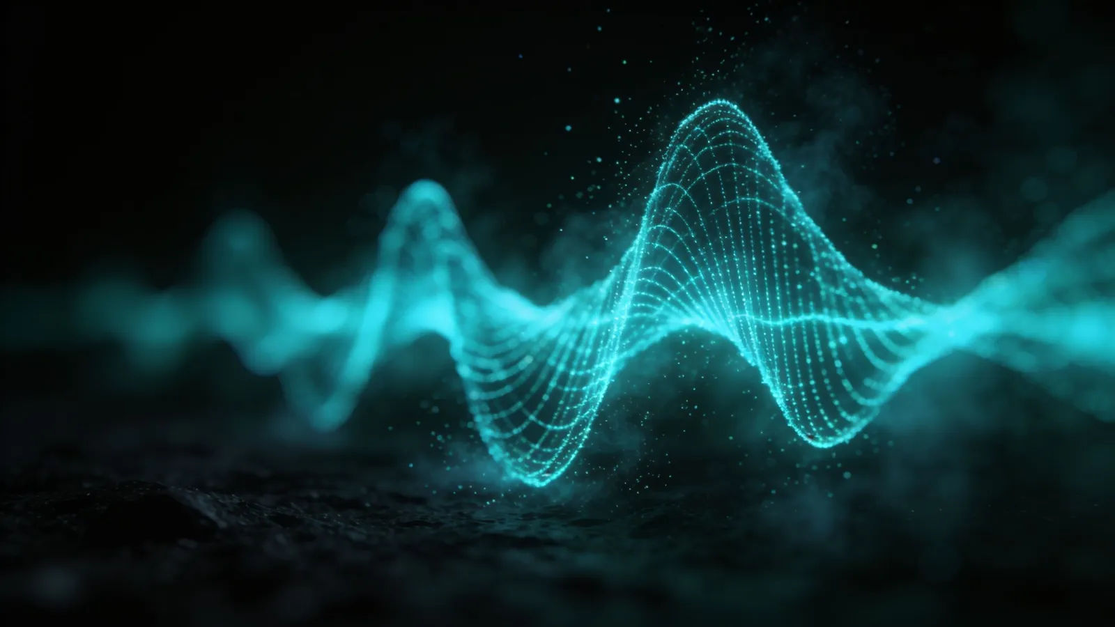 Glowing crisp teal sound waveform in darkness
