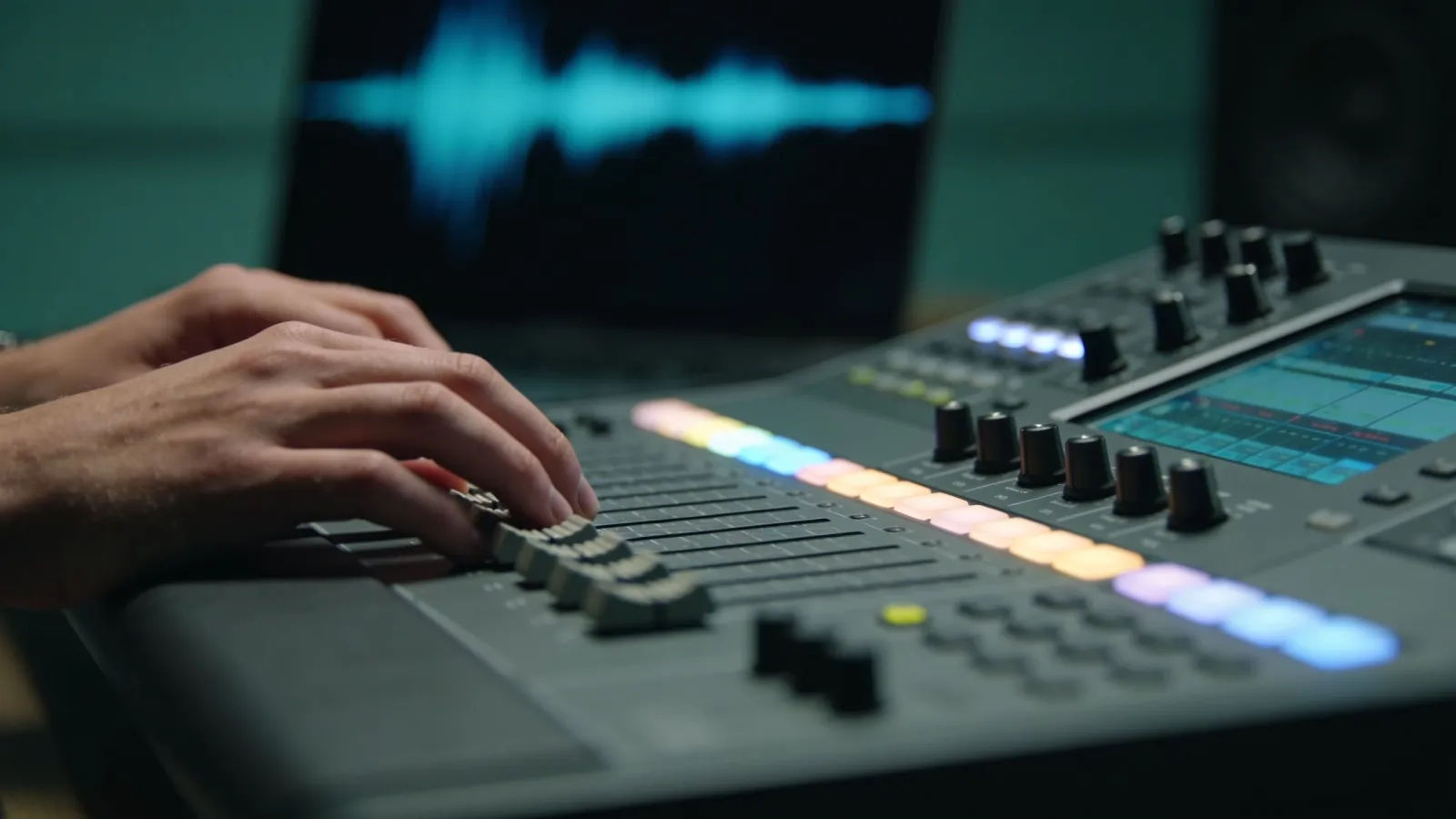 Hands over studio console with cool audio interface