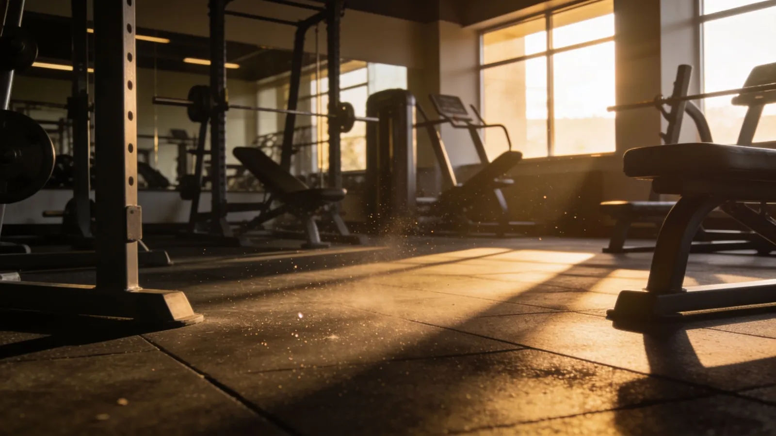 Empty modern gym at golden hour, raking light