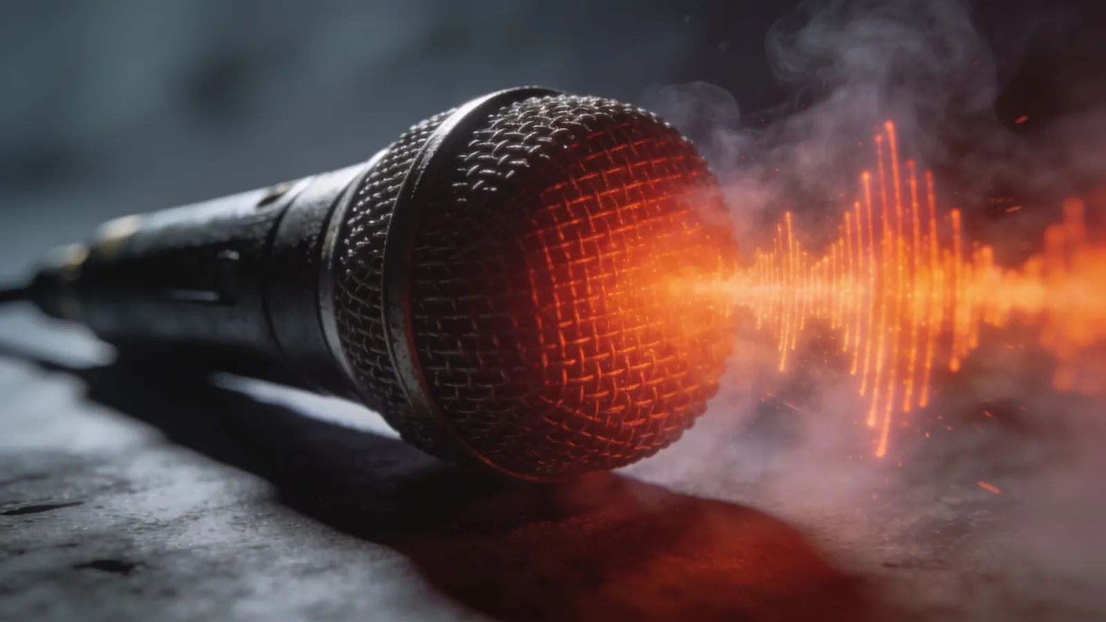 Rugged microphone with pulsing orange-red waveform burst