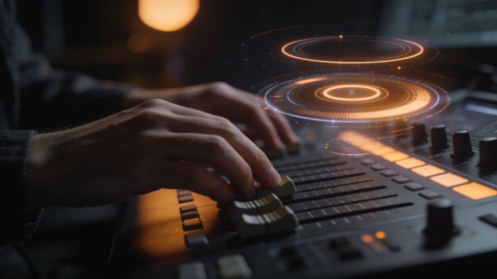 Hands on console with glowing audio rings, amber light