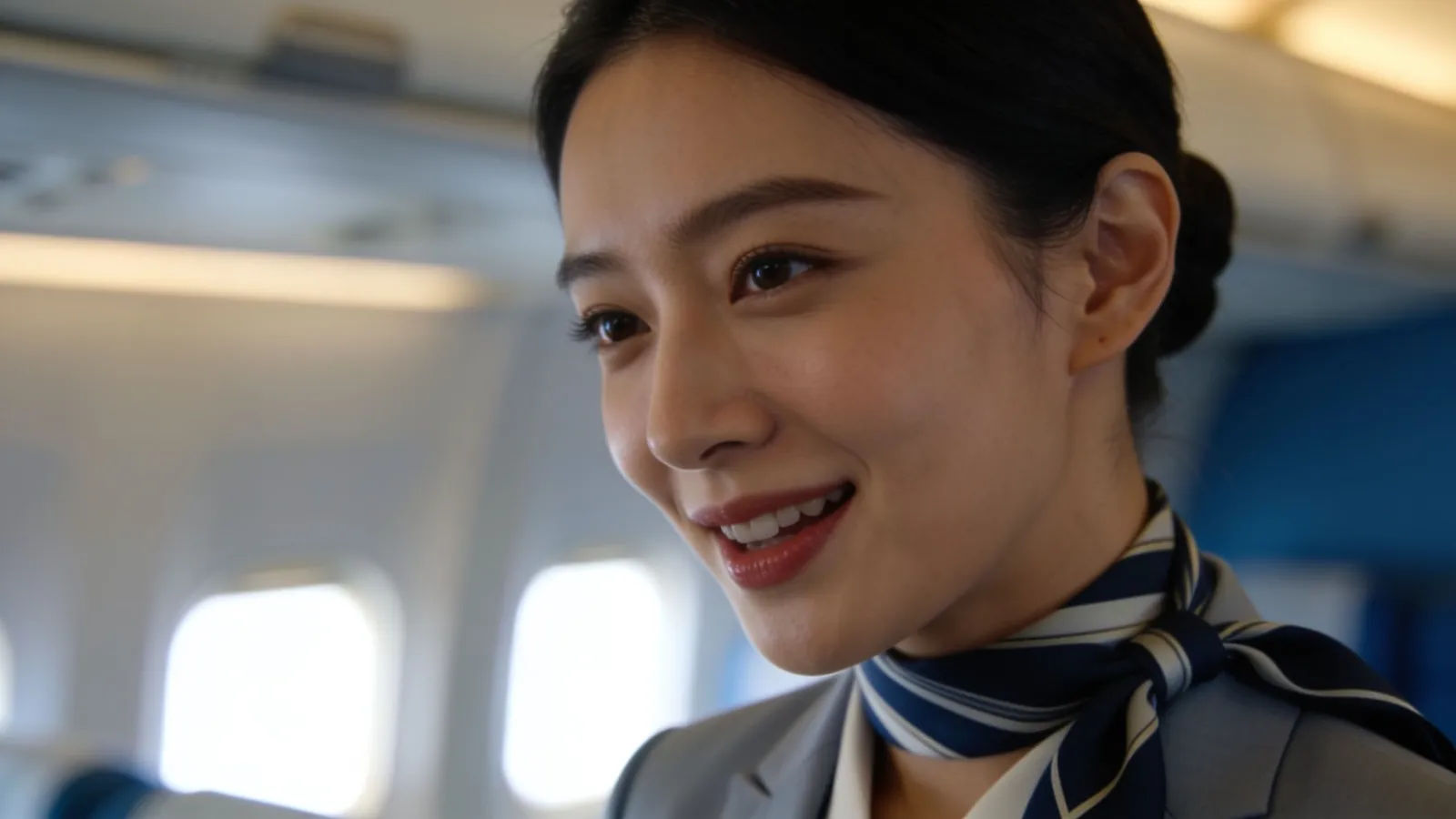 Warm cabin-crew figure smiling in an aircraft cabin