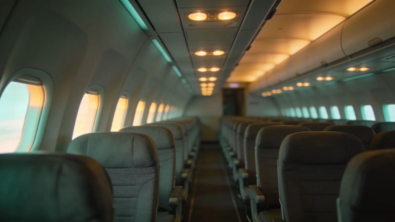Softly lit modern aircraft cabin aisle