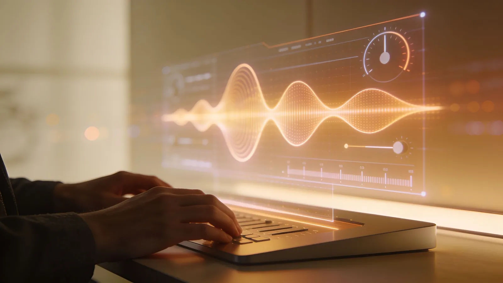 Hands at a desk with soft warm audio interface