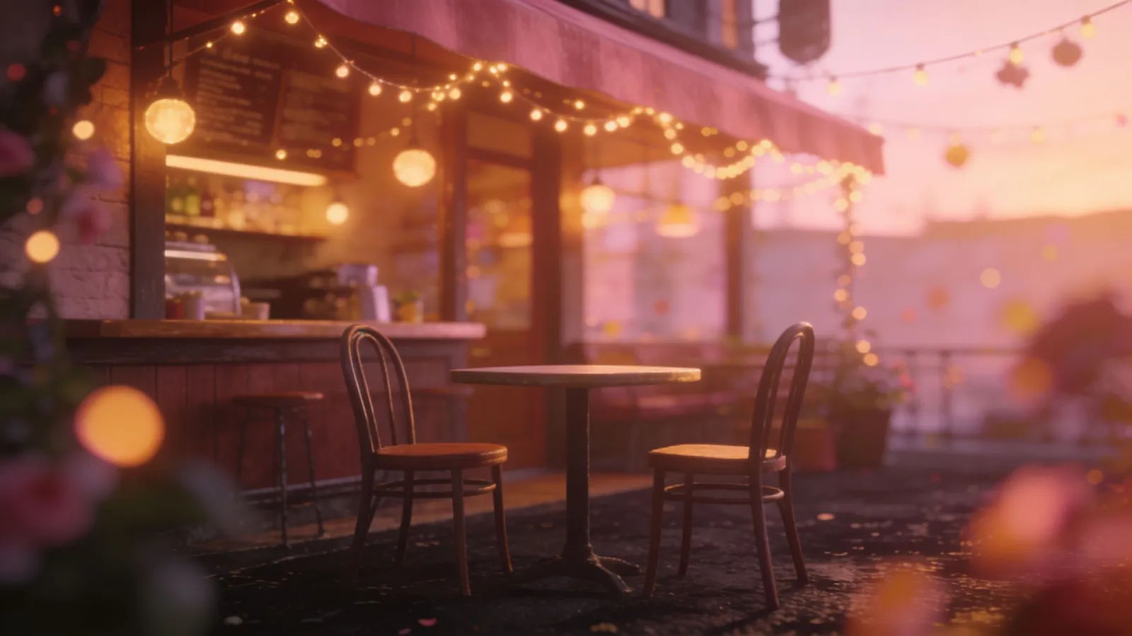 Cozy warm cafe at golden hour