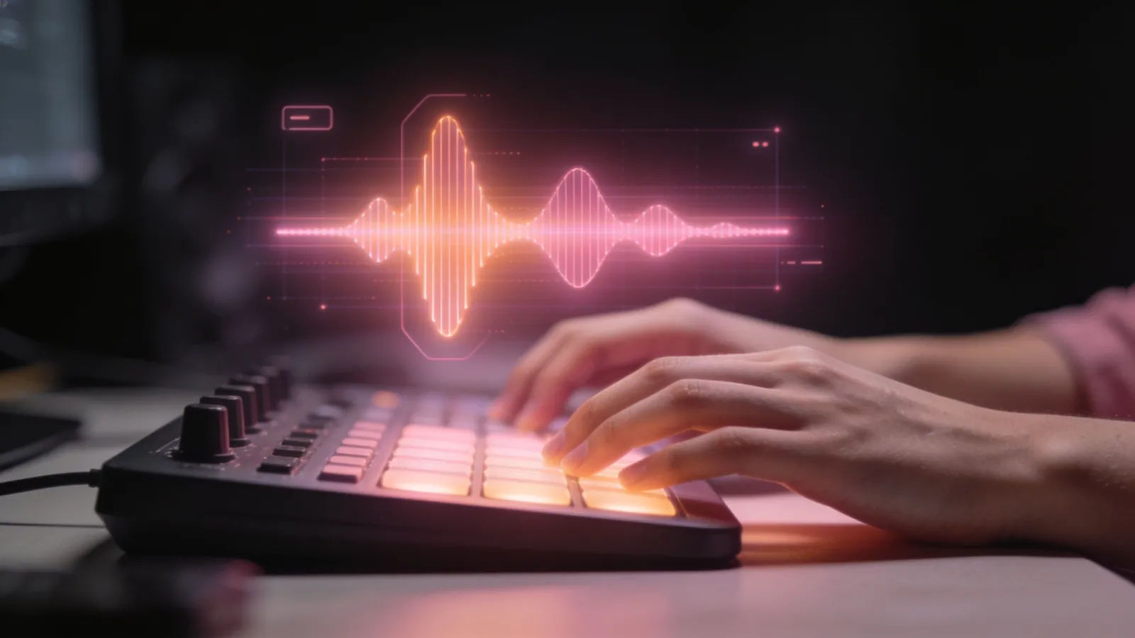 Hands at console with warm pink interface
