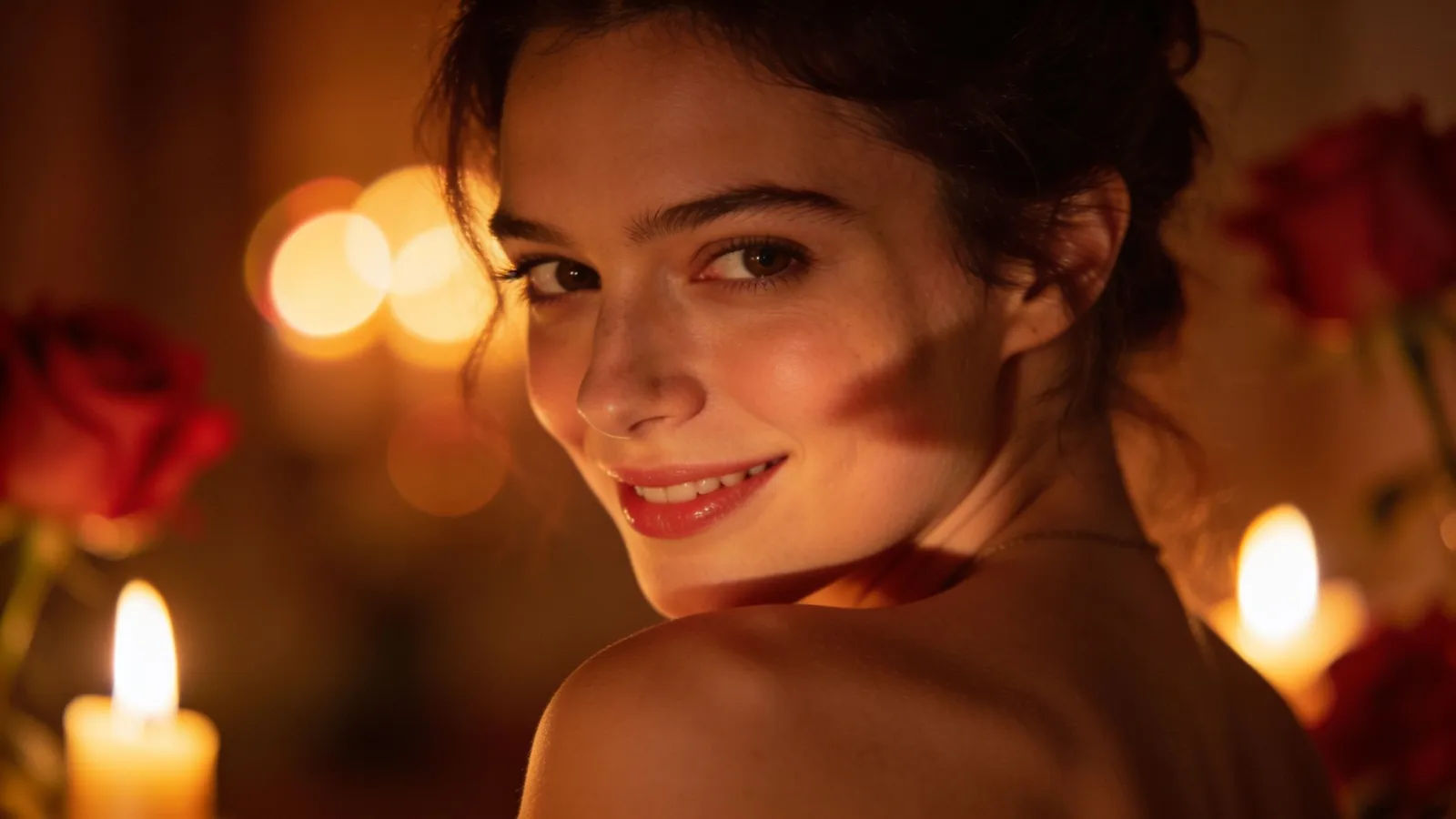 Playful woman glancing over her shoulder, warm light