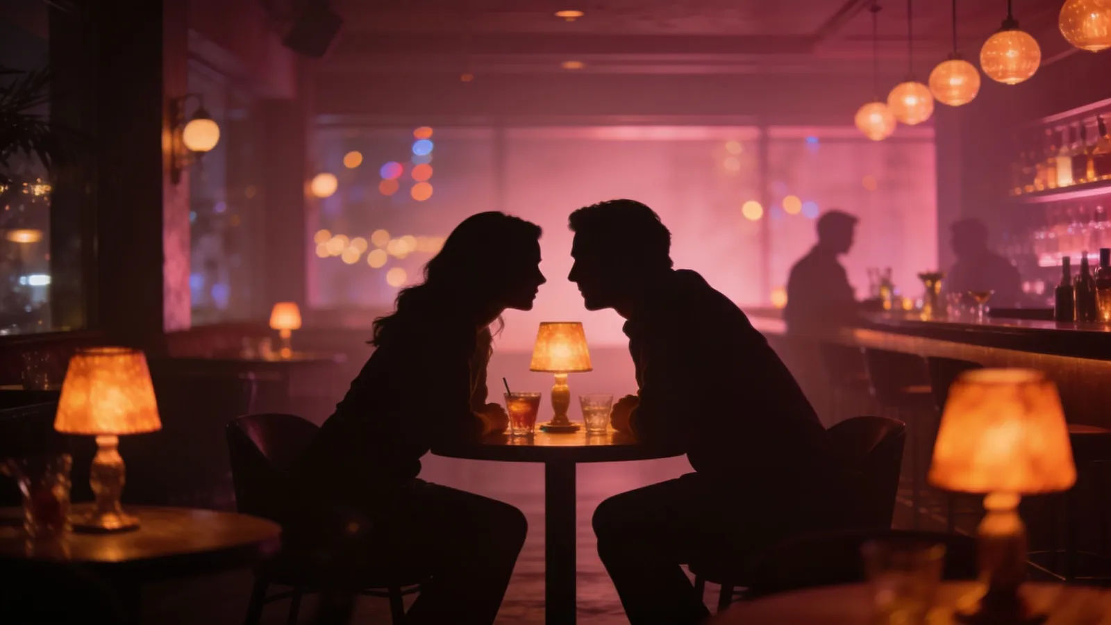Dim cocktail lounge, two figures leaning close