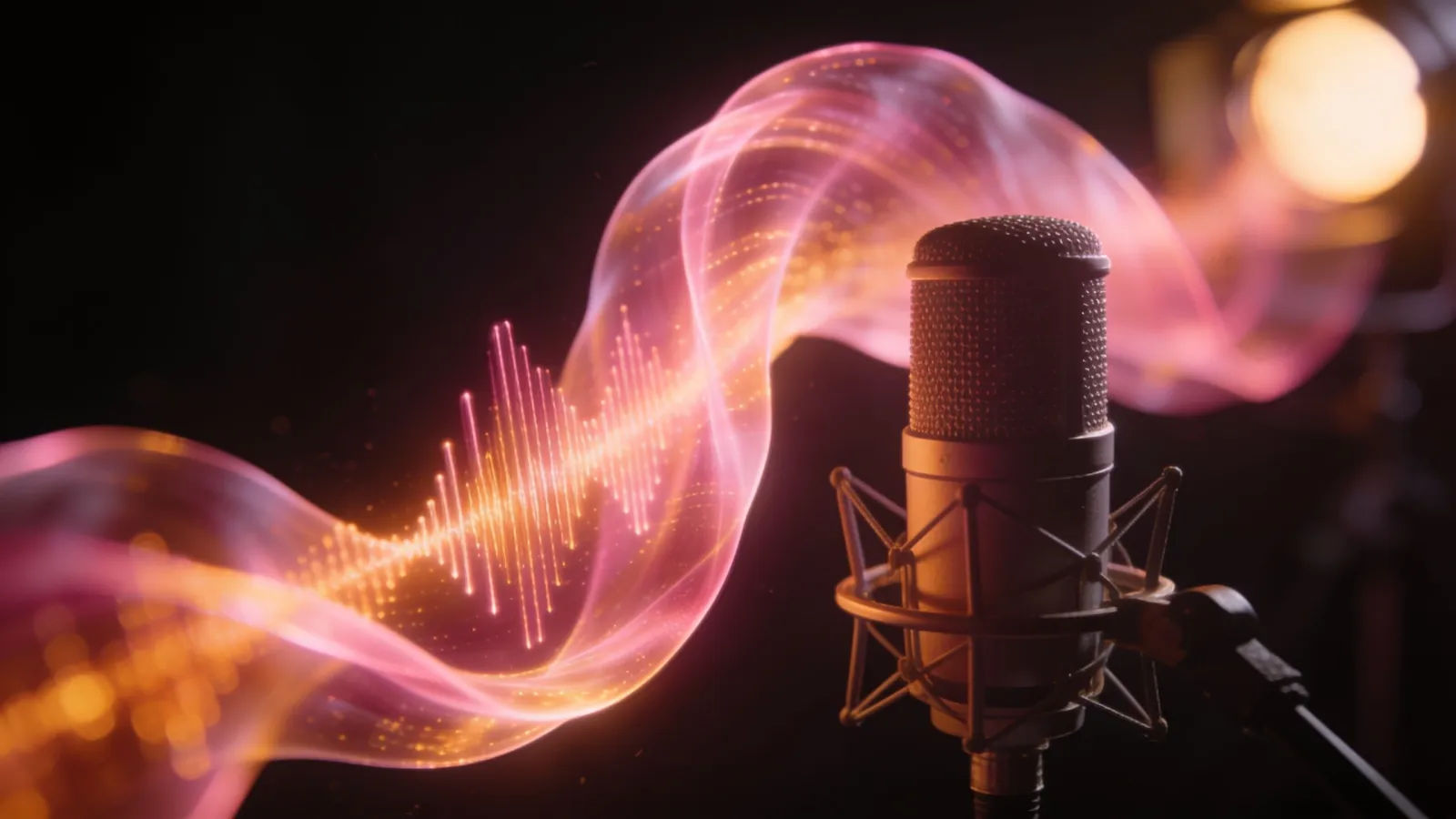 Glowing pink soundwave beside a studio microphone