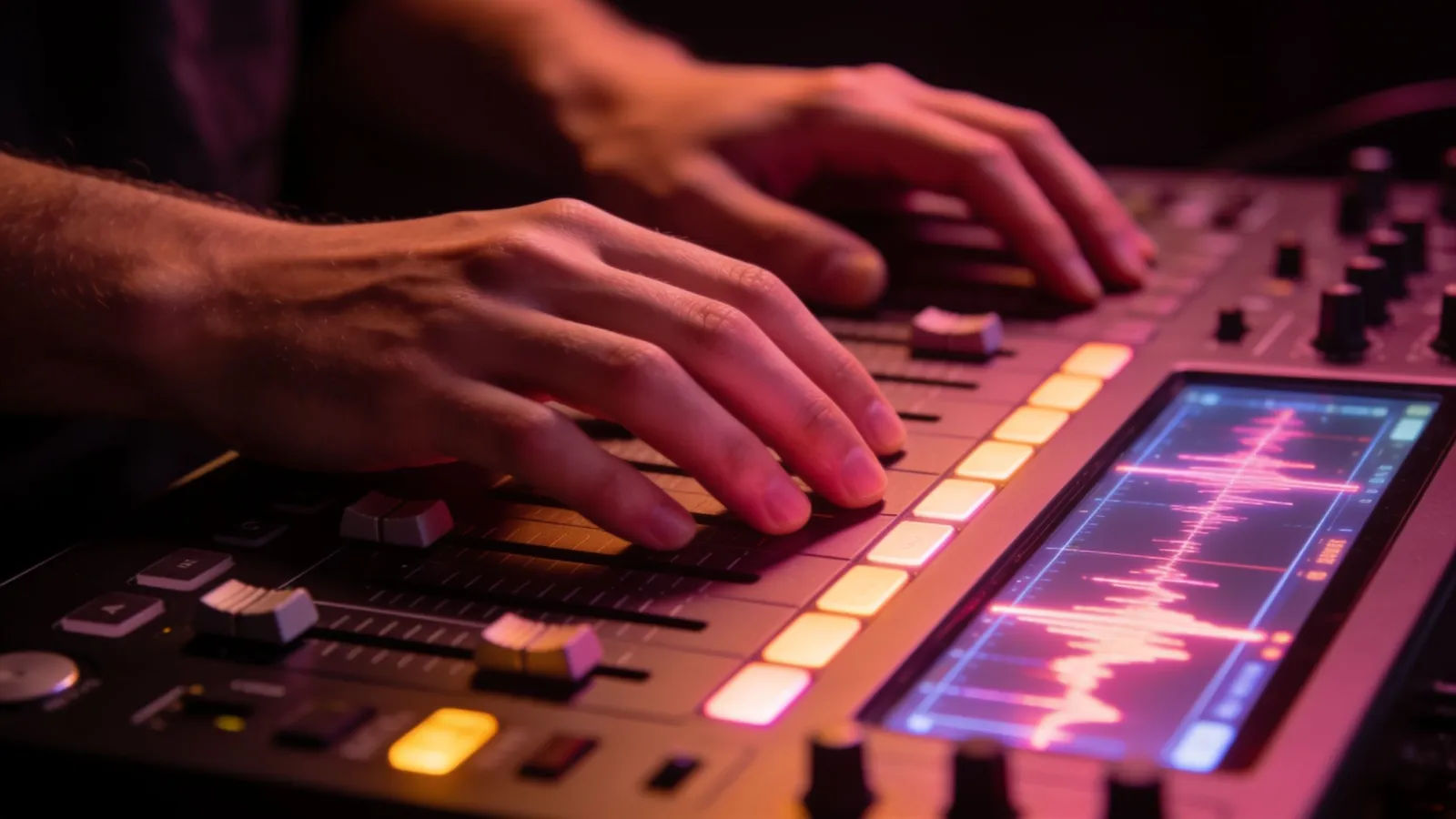 Hands on audio console with rose waveform UI