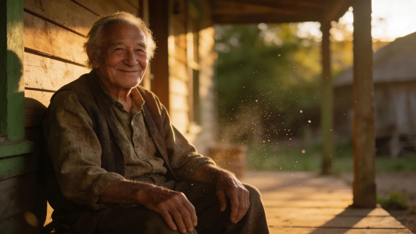 Elderly folksy storyteller smiling on a sunlit porch