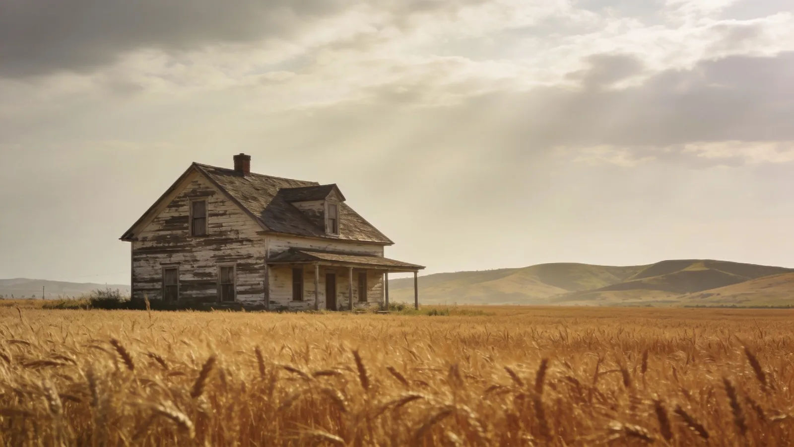 Heartland farmhouse beside an amber wheat field