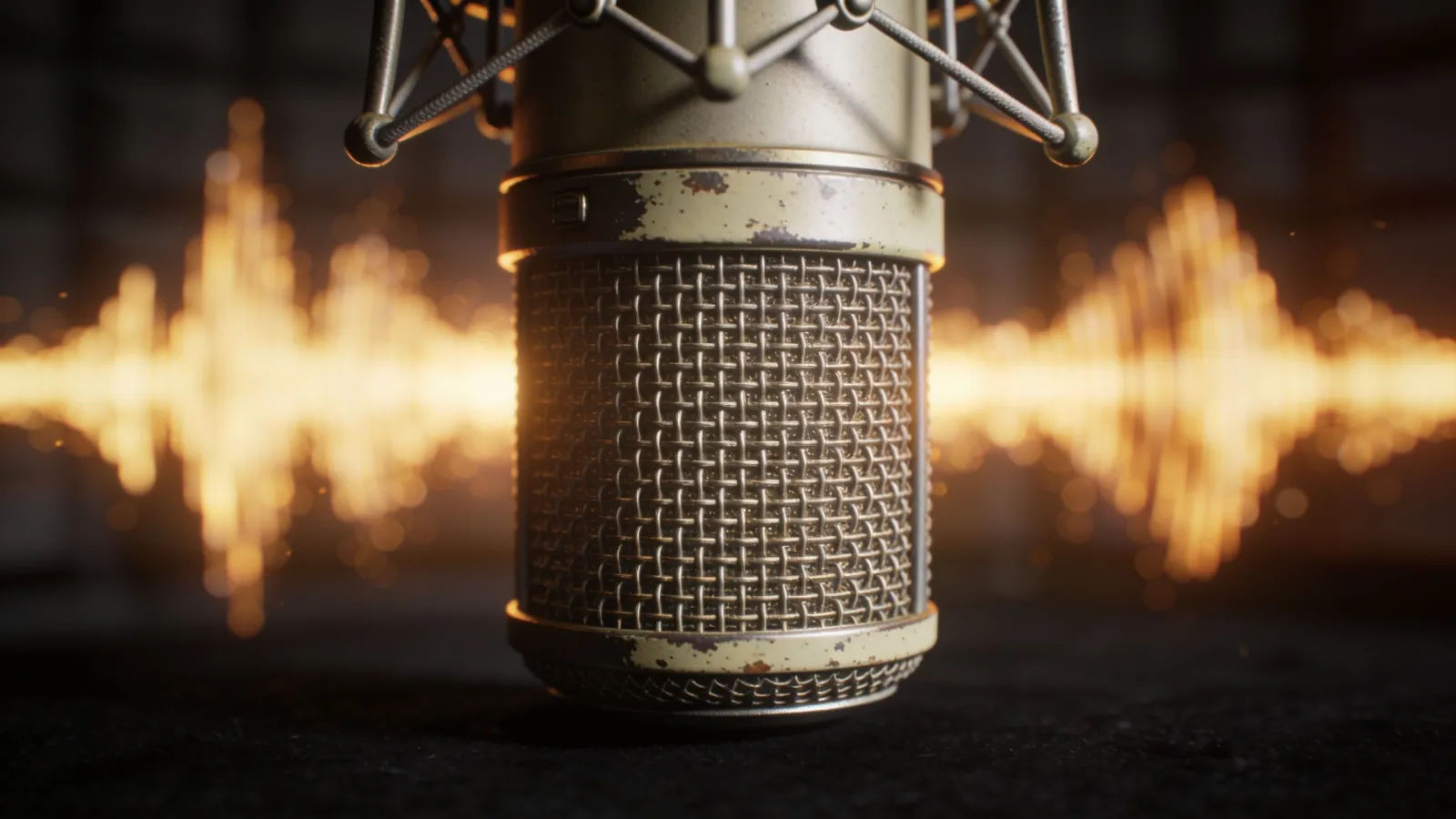 Vintage microphone with a warm golden soundwave